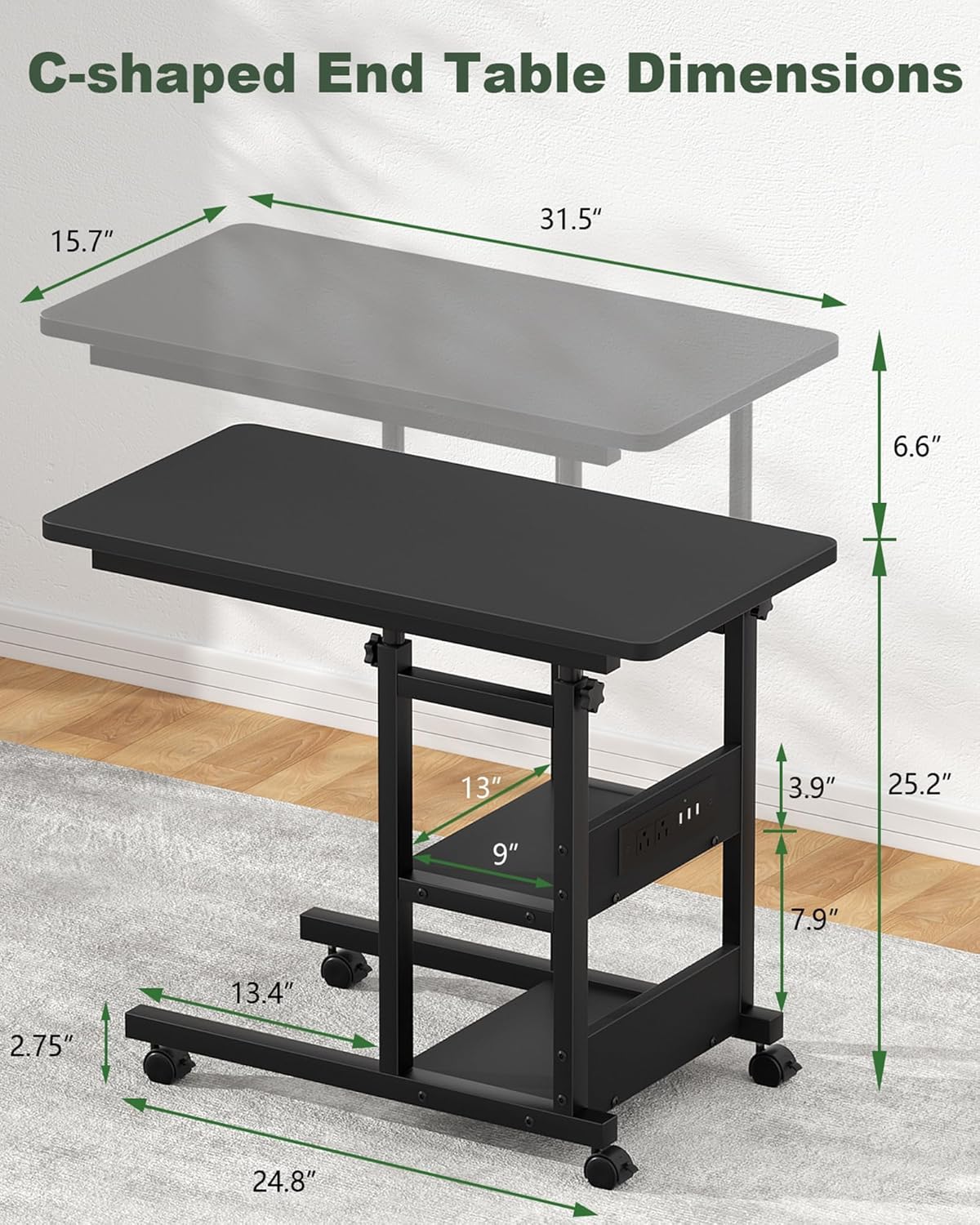 C Shaped End Table Height Adjustable - Couch Side Table with Charging Station, TV Tray with Wheels Slide Under Sofa for Small Spaces, Living Room Bedroom, Black