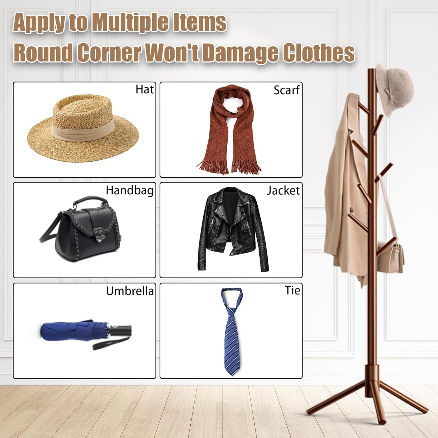 Wooden Coat Rack Stand, Freestanding Coat Rack with 8 Hooks, 3 Adjustable Size Coat Tree for Hats, Coats, Scarves bags, Coat Hanger Stand Used in Bedroom/Office/Entryway (Brown)