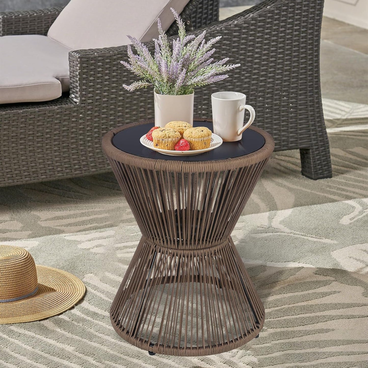LEWIS&WAYNE Small Outdoor Side Table Patio 20’’ H Woven Rope Hourglass End Table with Glass Top Round Coffee Table for Living Room Outdoor Patio Backyard Poolside (Brown)