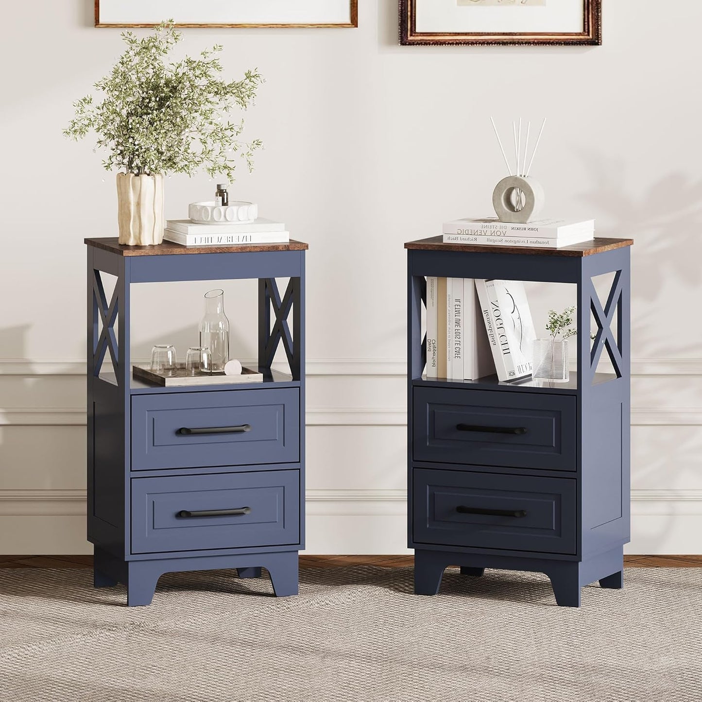Tall Nightstand Set of 2 Side Table with 2 Drawers Modern Night Stand Wooden Rustic End Table Bedside Table with Upper Open Shelf Solid Feet for Bedroom, Living Room, Navy Blue+Walnut