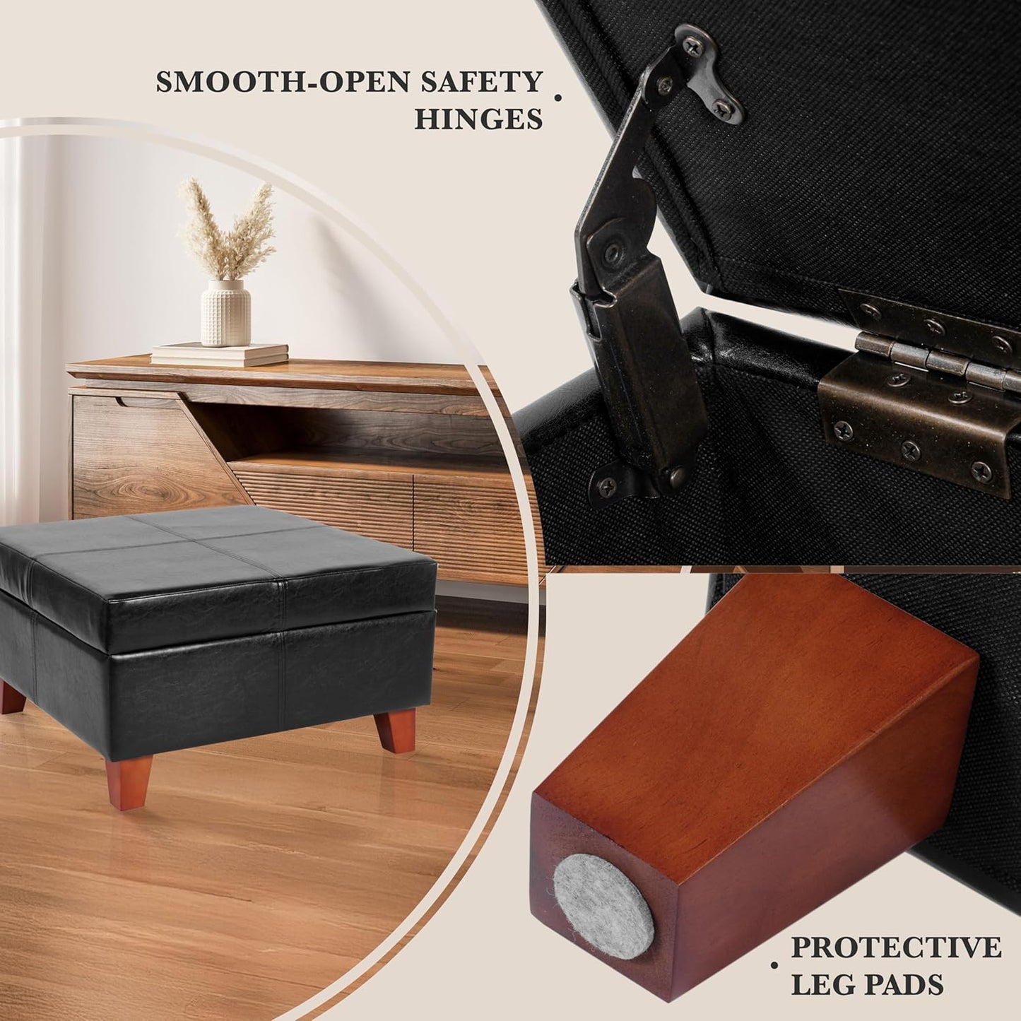 Homepop Home Decor |K2380-E169 | Luxury Large Faux Leather Square Storage Ottoman | Ottoman with Storage for Living Room & Bedroom, Black