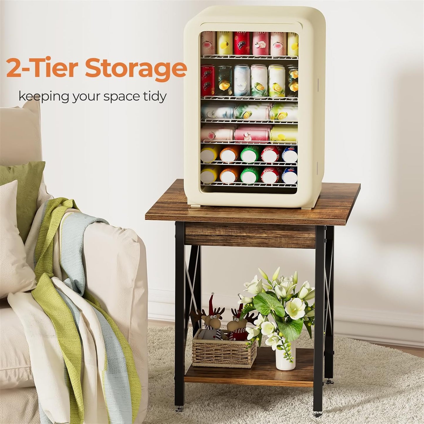 GreenForest End Table 24 inch for Living Room, Large Square Side Tables with X-Frame, Tall Industrial Bedside Nightstand with 2-Tier Storage, Rustic Walnut