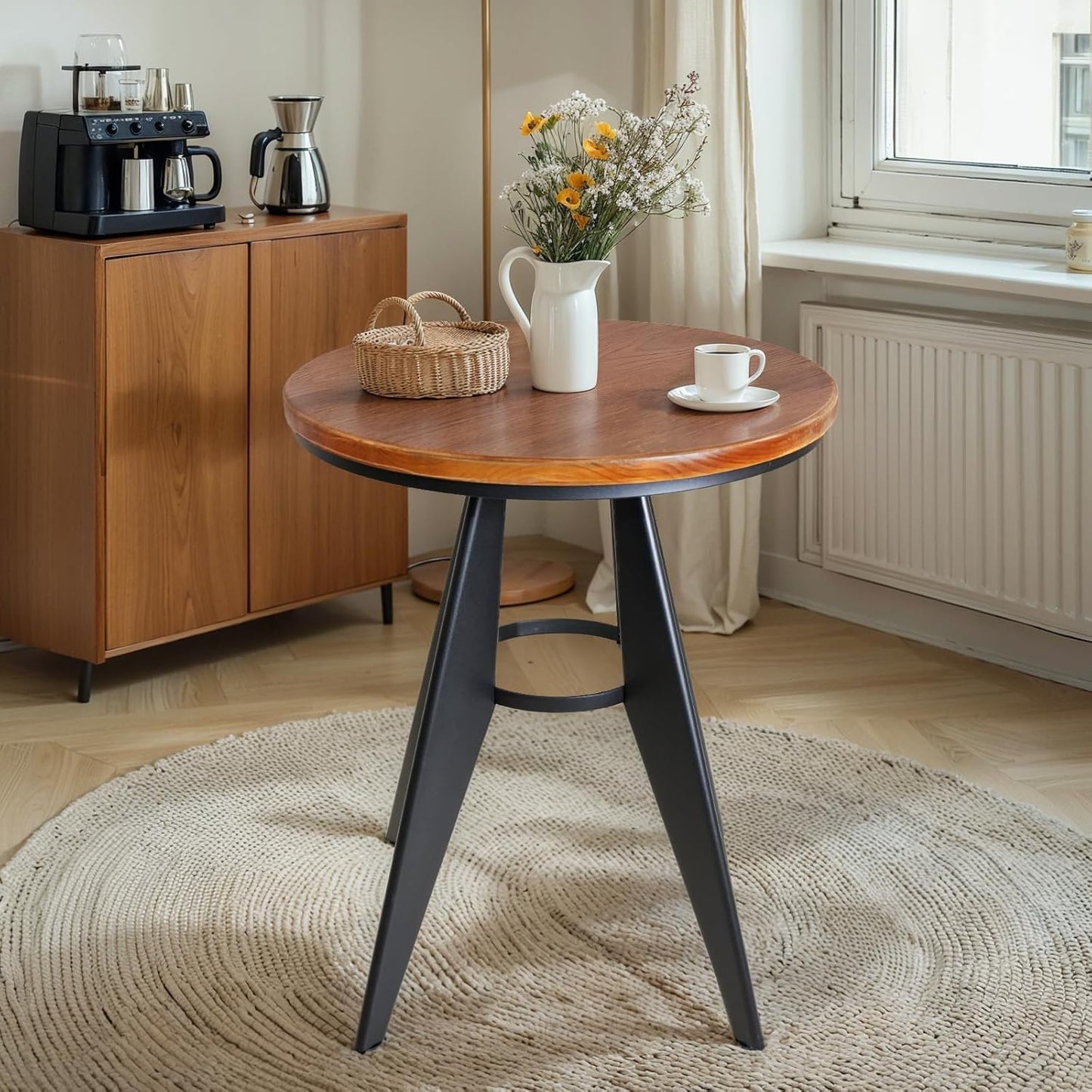 Round Cafe Table - 23.62" Pine Wood Top, Metal Frame, 28.15" High, Modern Industrial Dining Table for Kitchen, Home Office, Bistro, Compact for Space Saving, Black Base Brown Top