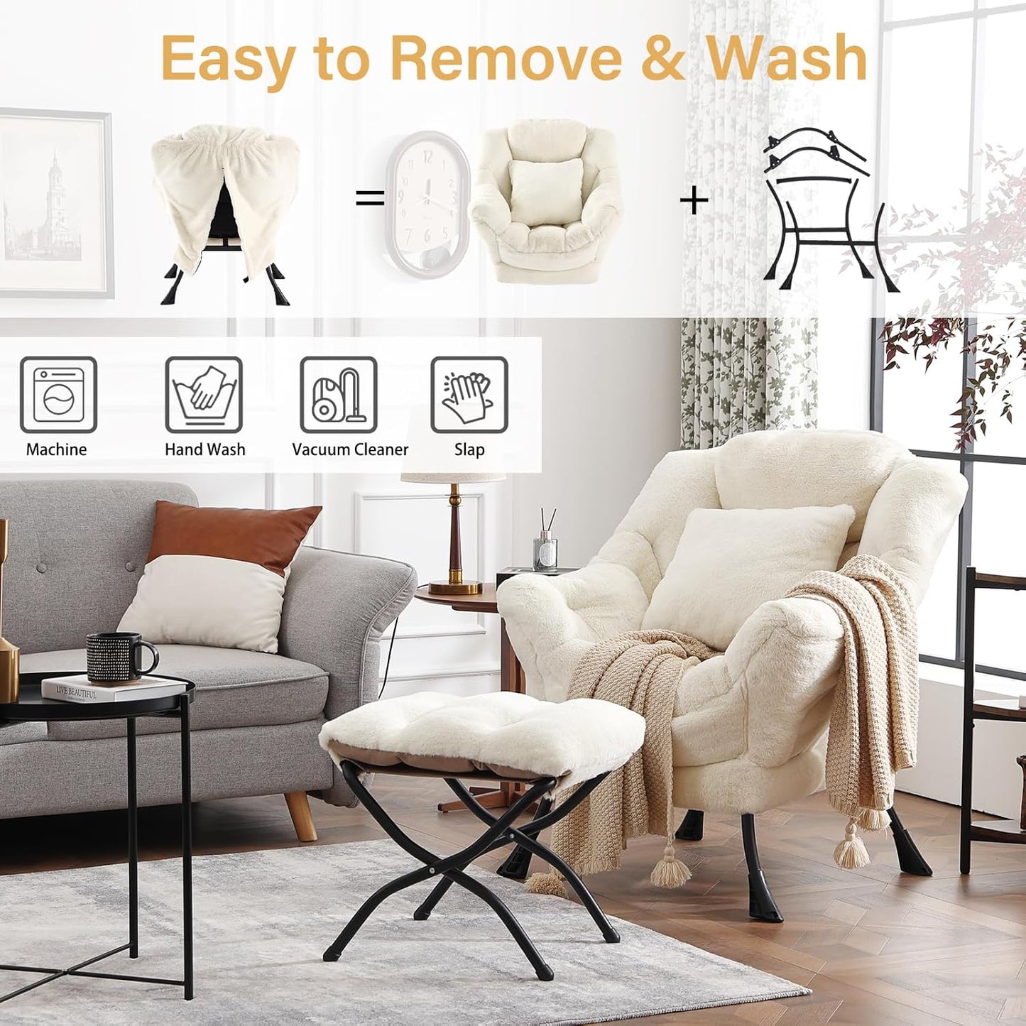 Large Lazy Chair with Ottoman, Accent Reading Chair with a Throw Pillow, Cozy Lounge Chair with Armrest, Leisure Sofa Chair for Living Room, Bedroom, Dorm, Plush Ivory