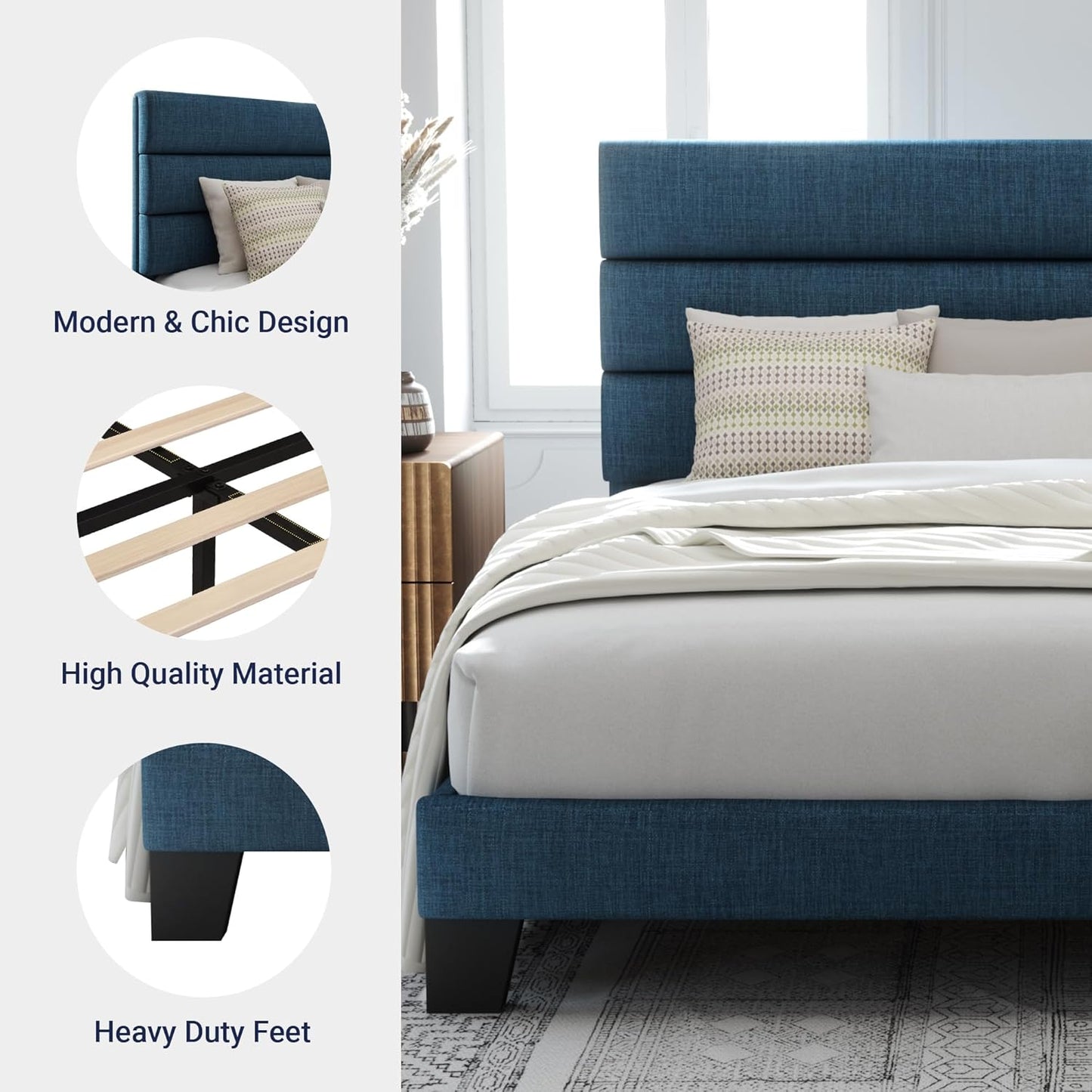 Allewie Full Size Platform Bed Frame with Fabric Upholstered Headboard and Wooden Slats Support, Fully Upholstered Mattress Foundation/No Box Spring Needed/Easy Assembly, Navy Blue