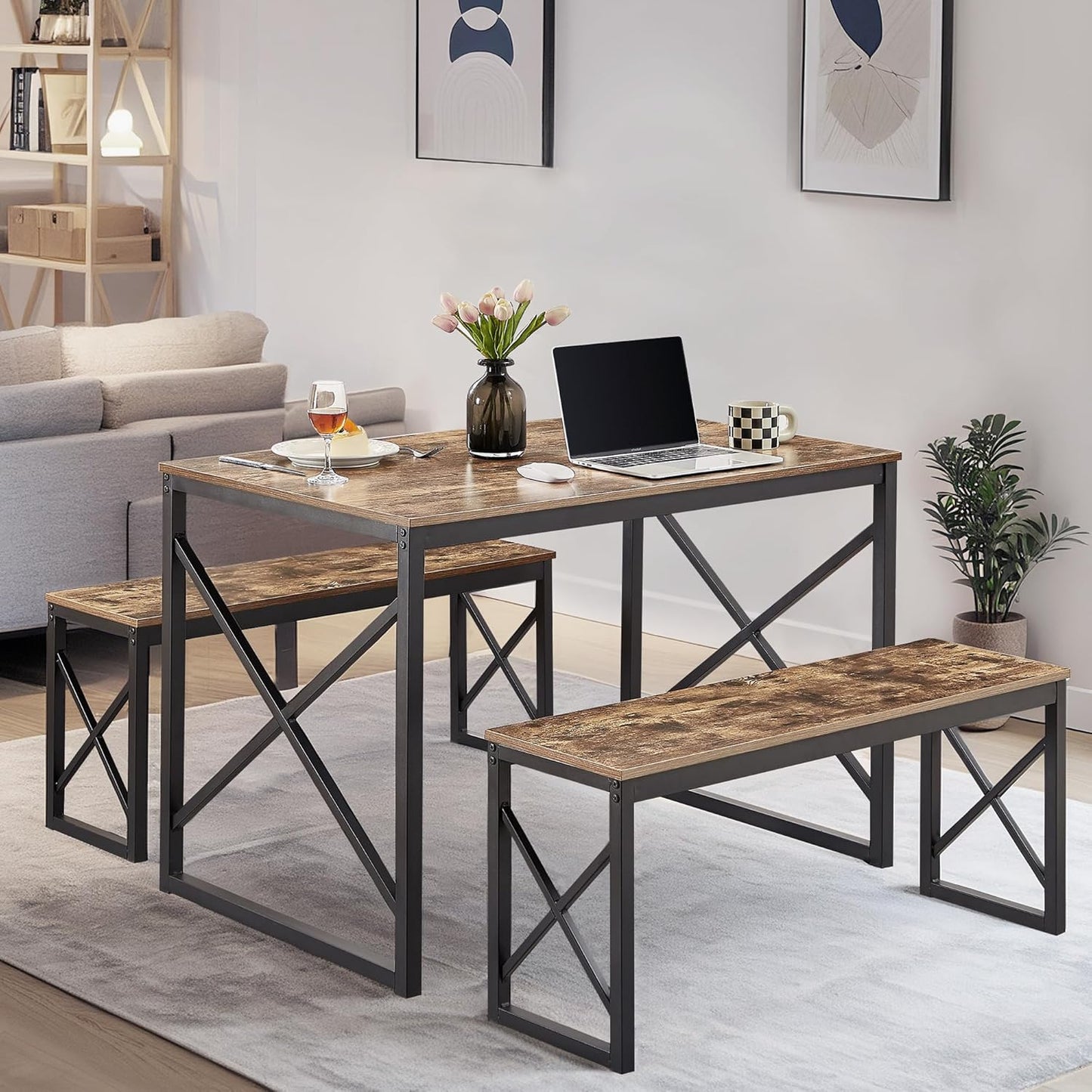 VECELO Kitchen Table with 2 Benches for 4, 43.3'' Wood Dining Room Dinette Sets with X Metal Frame for Breakfast Nook and Small Space, Brown