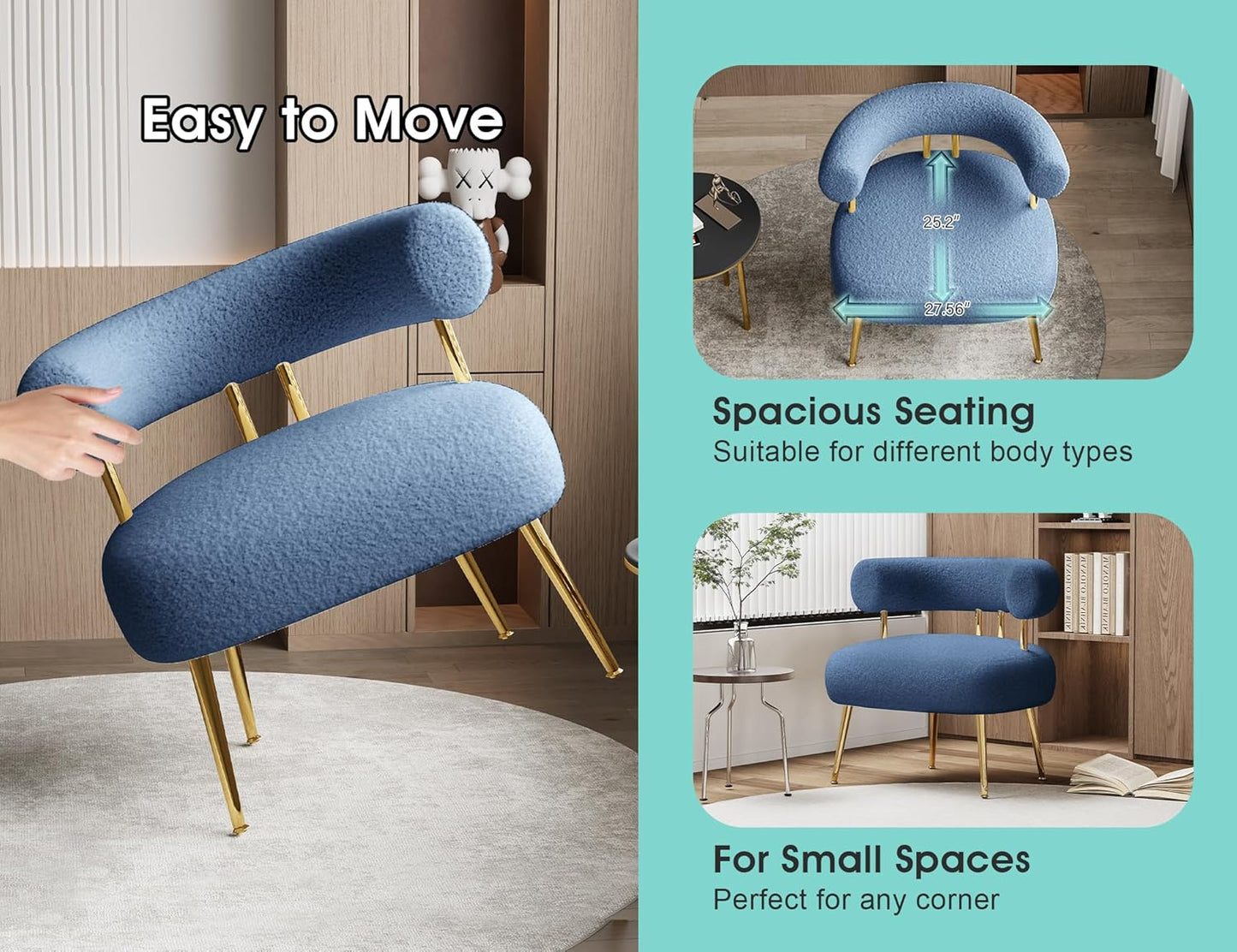 Mid Century Sherpa Boucle Accent Chair, Round Upholstered Barrel Arm Chair for Small Spaces, Fluffy Side Corner Sofa Chair for Living Room, Bedroom, Vanity, Office, Reading Nook(Navy Blue)