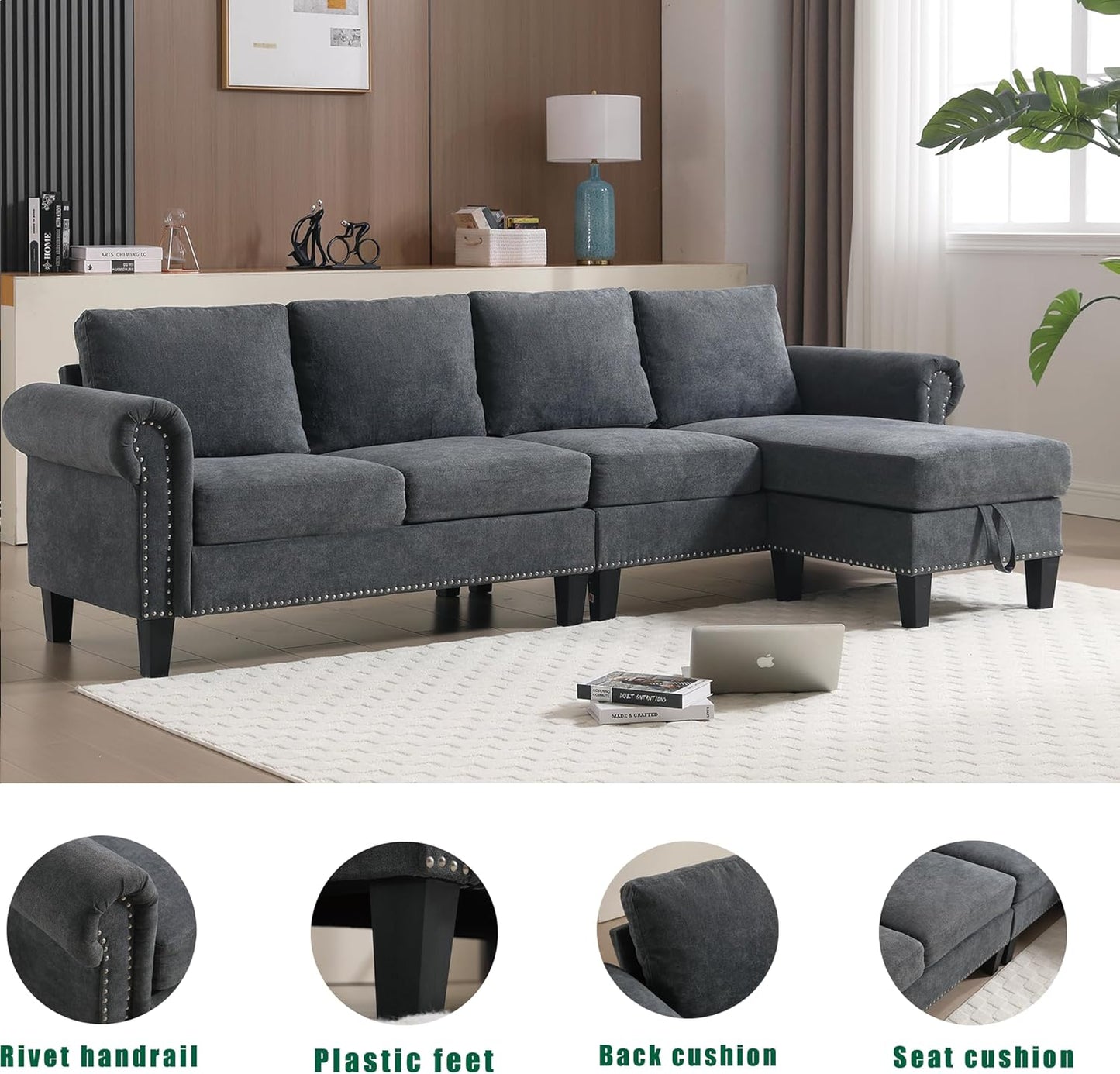 Ball & Cast 106" Convertible Sectional Sofa with Storage Chaise, Linen Upholstered 4 Seater Couch with Back Cushions and Removable Ottoman for Living Room, Apartment, Office,Gray