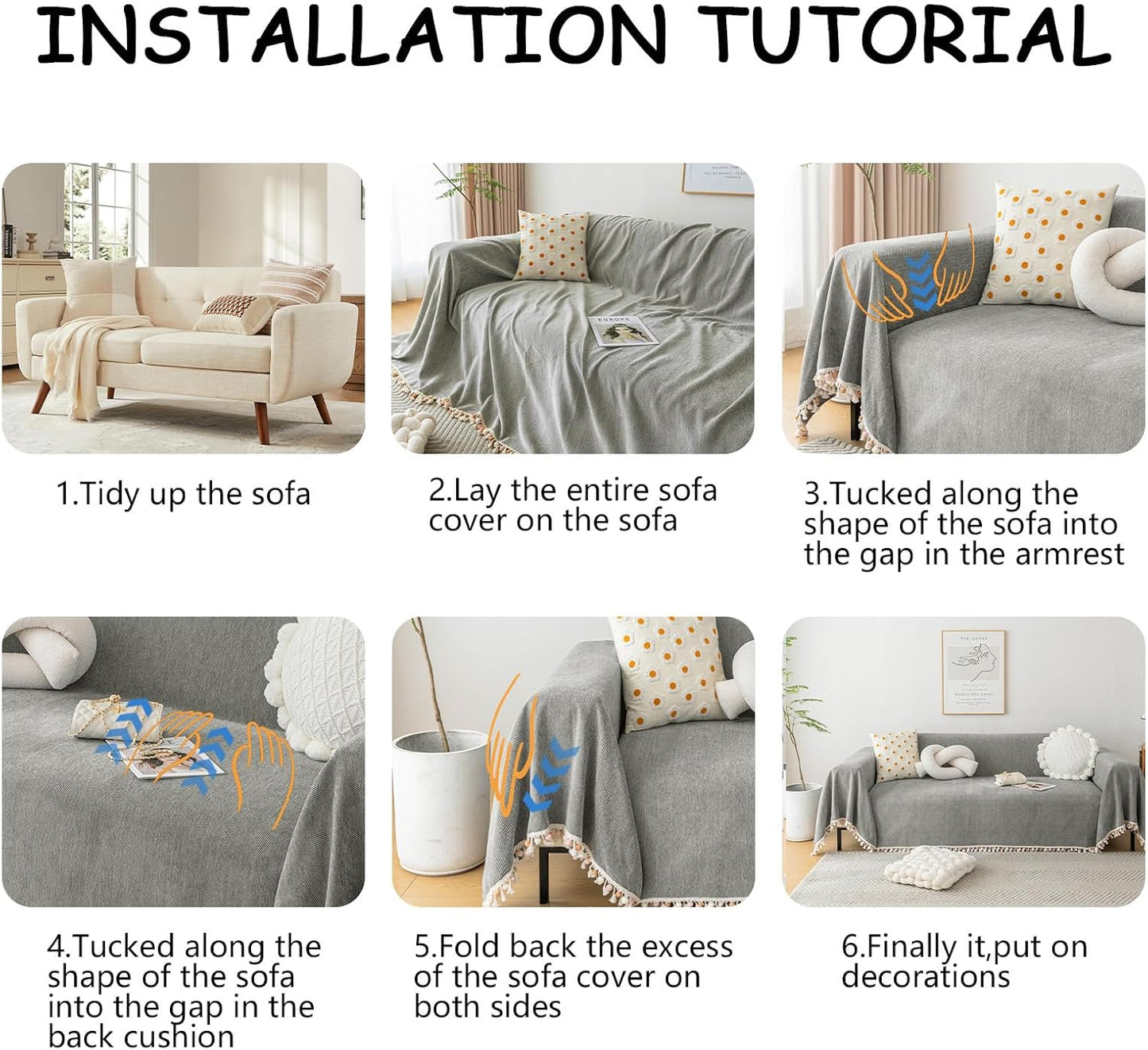 HANDONTIME Couch Slipcovers for Sofas - Dark Grey Boho Pet Couch Protector with Tassel - Chenille Herringbone 3 Seat Cover, 91" X150