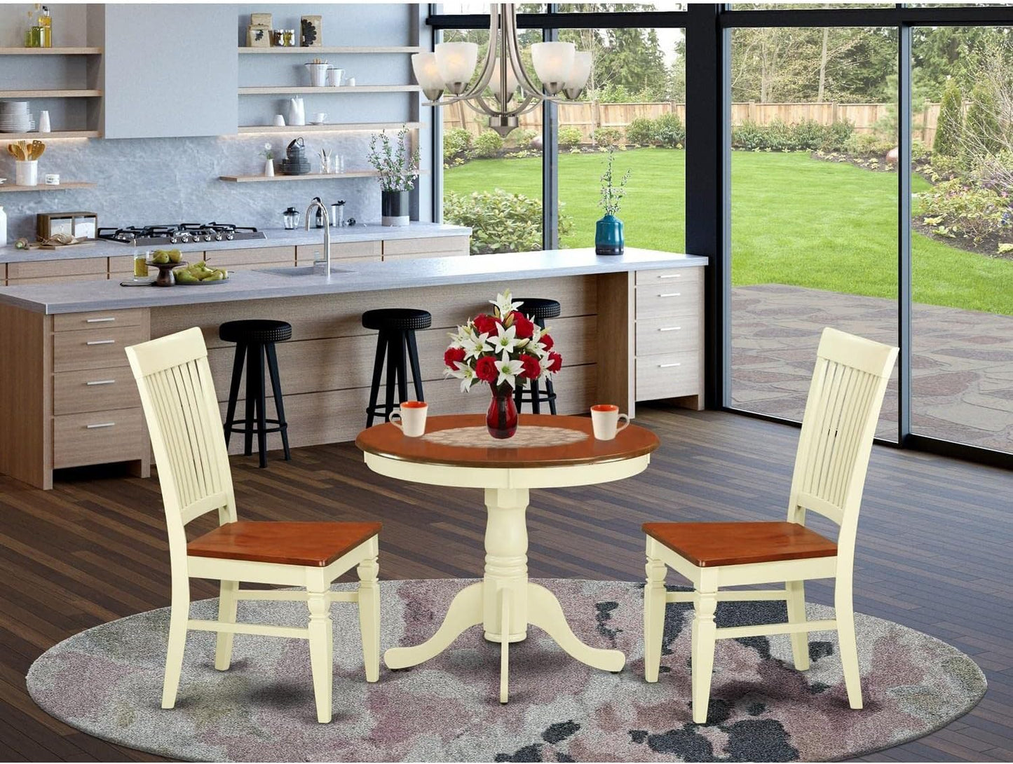 East West Furniture ANWE3-BMK-W 3 Piece Dining Room Table Set Contains a Round Kitchen Table with Pedestal and 2 Dining Chairs, 36x36 Inch, Buttermilk & Cherry