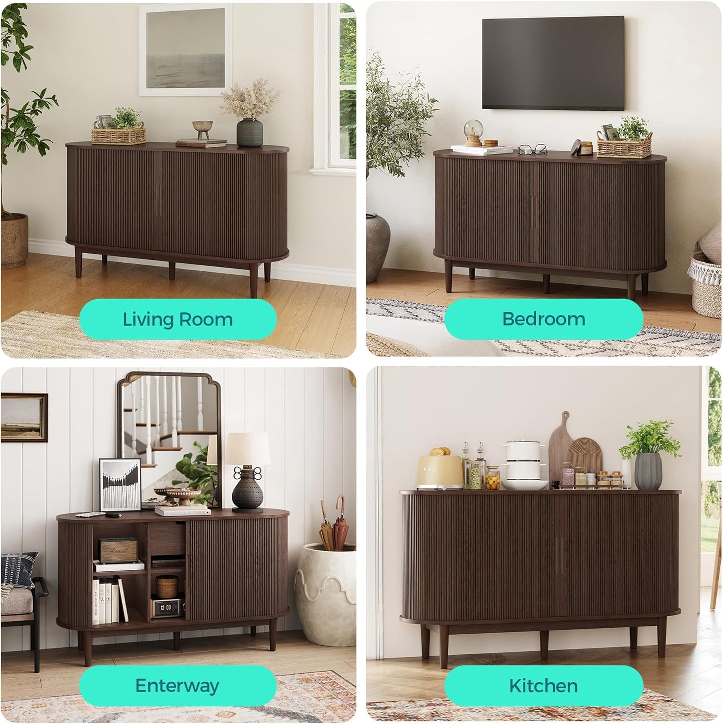 LINSY HOME Sideboard Buffet Cabinet with Storage, 55" Fluted Coffee Bar Cabinet with Tambour Sliding Doors and Drawer, Mid Century Modern Wood Storage Buffet Table for Kitchen, Vintage Walnut