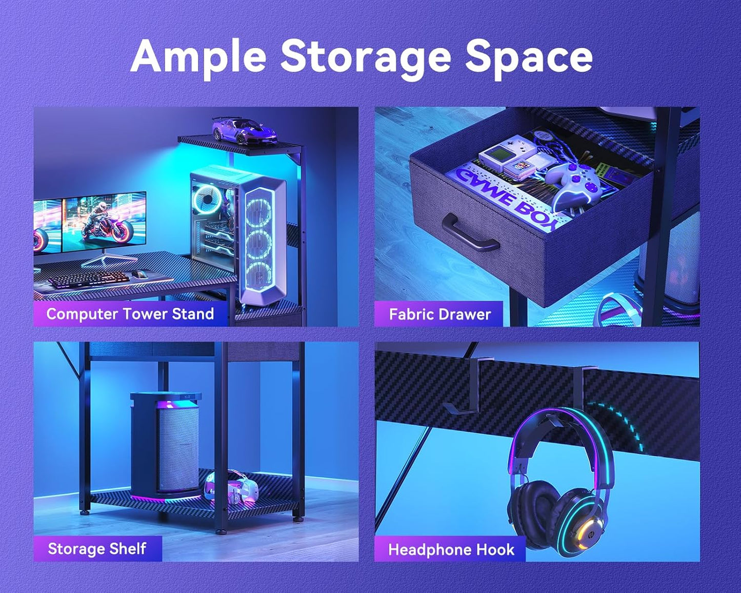 Casaottima 48 Inch Gaming Desk with Storage & LED Lights, Reversible Computer Desk with Display Shelves & Fabric Drawer, Modern Gamer Desk Table with Side Headphone Hook, Carbon Fiber Black