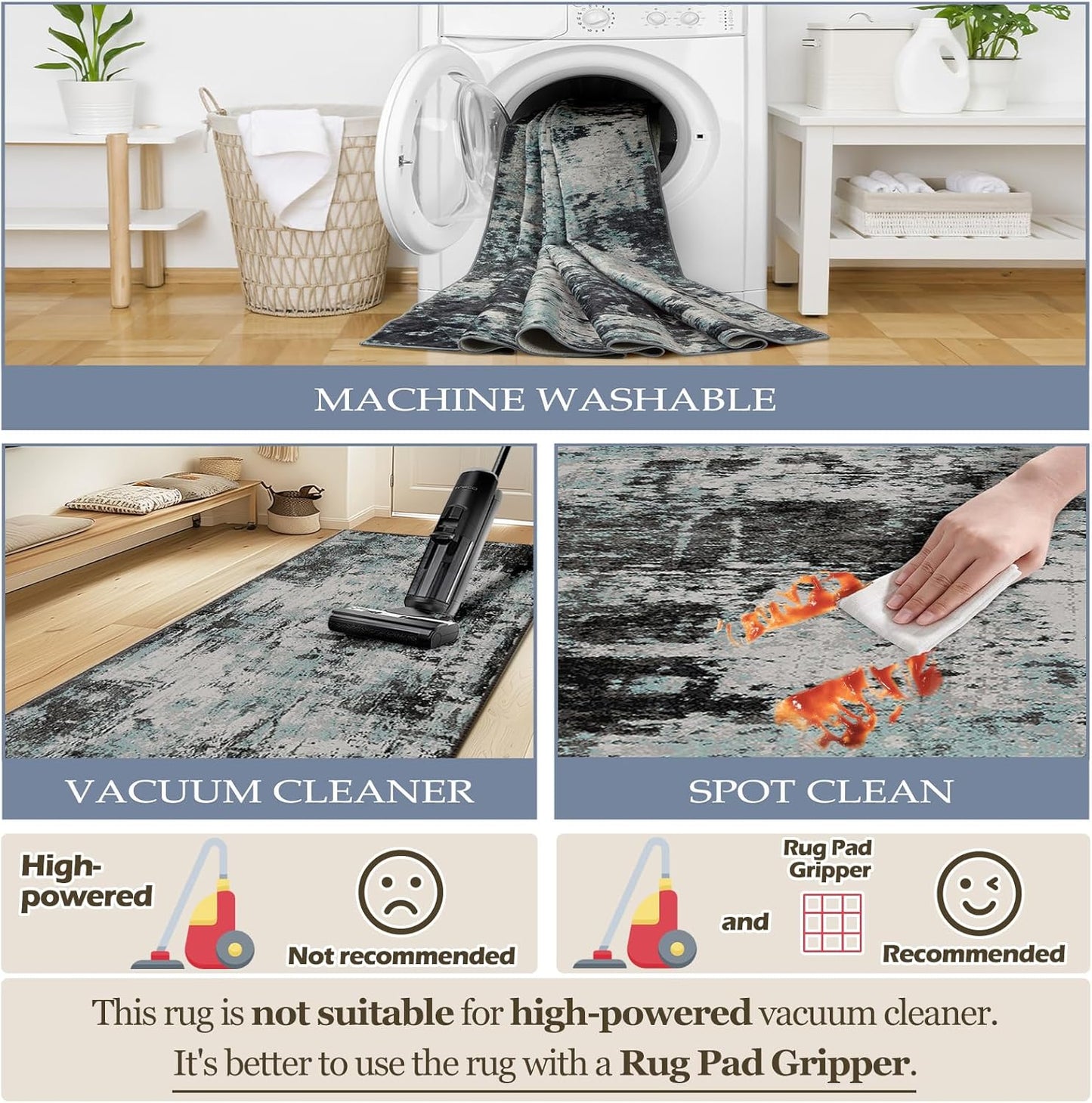 Washable Area Rugs 3'x5' Non-Slip Modern Abstract Soft for Living Room Entryway Bedroom Nursery, Print Pattern, Blue Black Teal