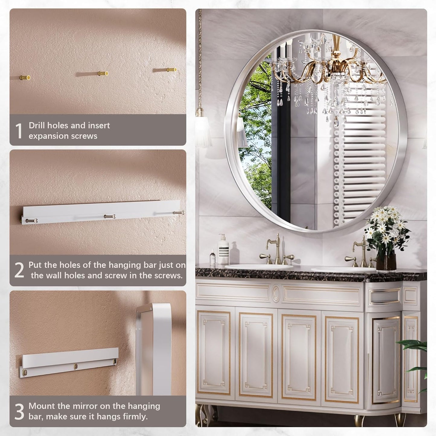 Hasipu Round Silver Mirror 38 Inch Large Round Bathroom Mirror Metal Frame, Wall Mounted Circle Vanity Mirror Modern Decor (Horizontal/Vertical)