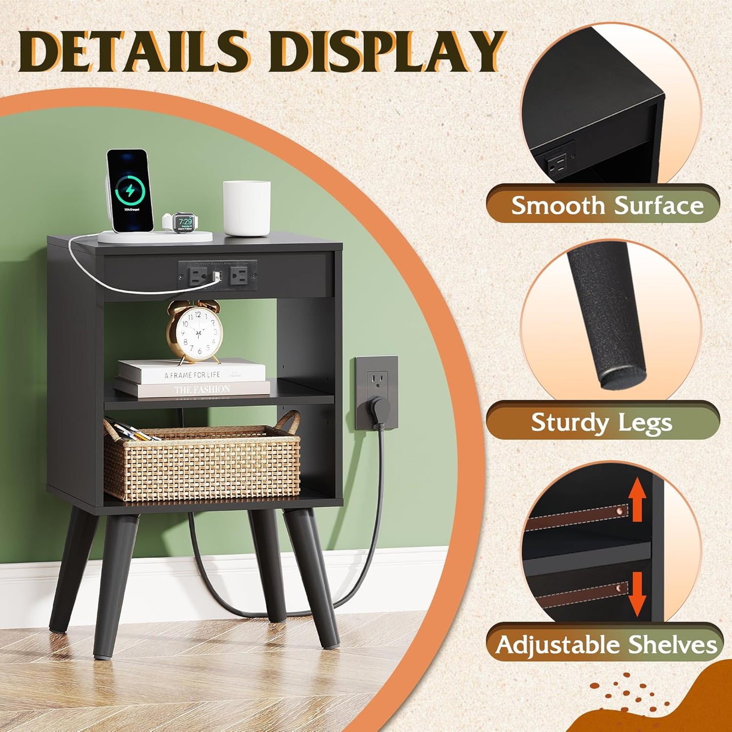 WLIVE Black Nightstand, Night Stand with Charger Station, Bedside Tables, Side Table with Storage Shelf, End Table with USB Ports and Outlets for Bedroom, 15.12" D x 11.73" W x 23.74" H