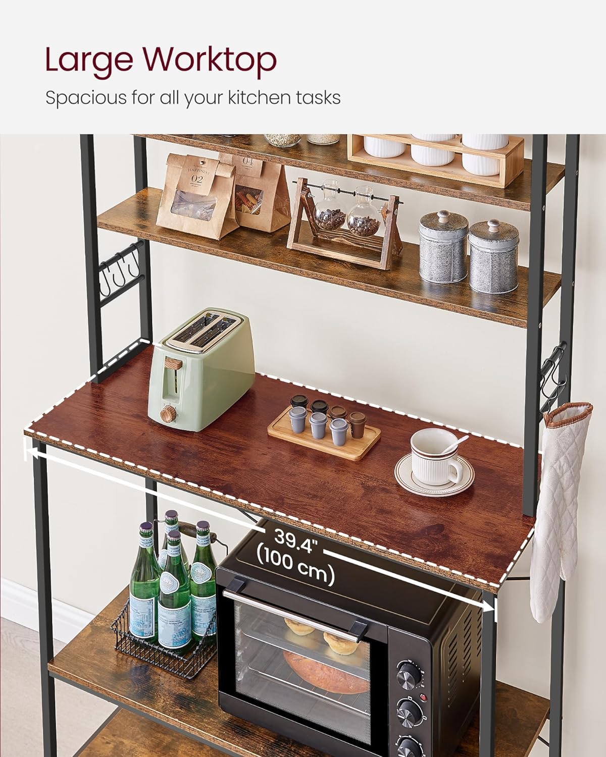 VASAGLE Coffee Bar, 39.4 Inches Baker's Rack for Kitchen with Storage, 6-Tier Kitchen Shelves with 6 Hooks, Microwave Stand, Industrial, Rustic Brown and Black UKKS039K01