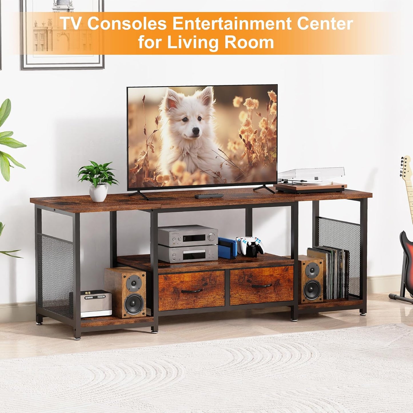 TV Stand with Drawers and Open Storage Shelves for 75 70 65 Inch TV, Entertainment Center with Open Storage Shelves, Industrial Media TV Console Table for Living Room Bedroom Office, Rustic Brown