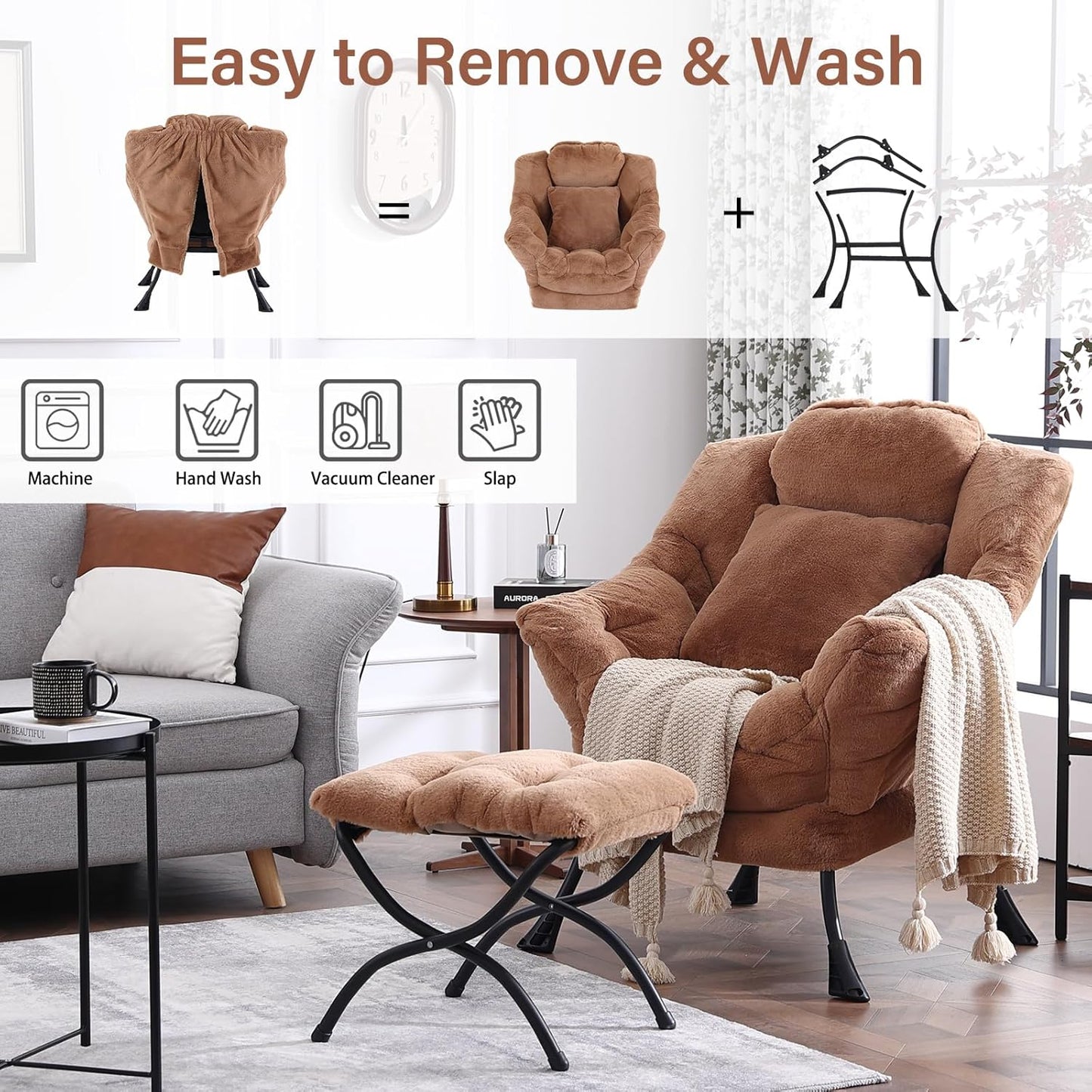 Lazy Chair with Ottoman, Reading Chair with a Pillow, Leisure Sofa Armchair with Ottoman, Large Accent Lounge Chair for Bedroom, Living Room, Dorm Room, Plush Brown