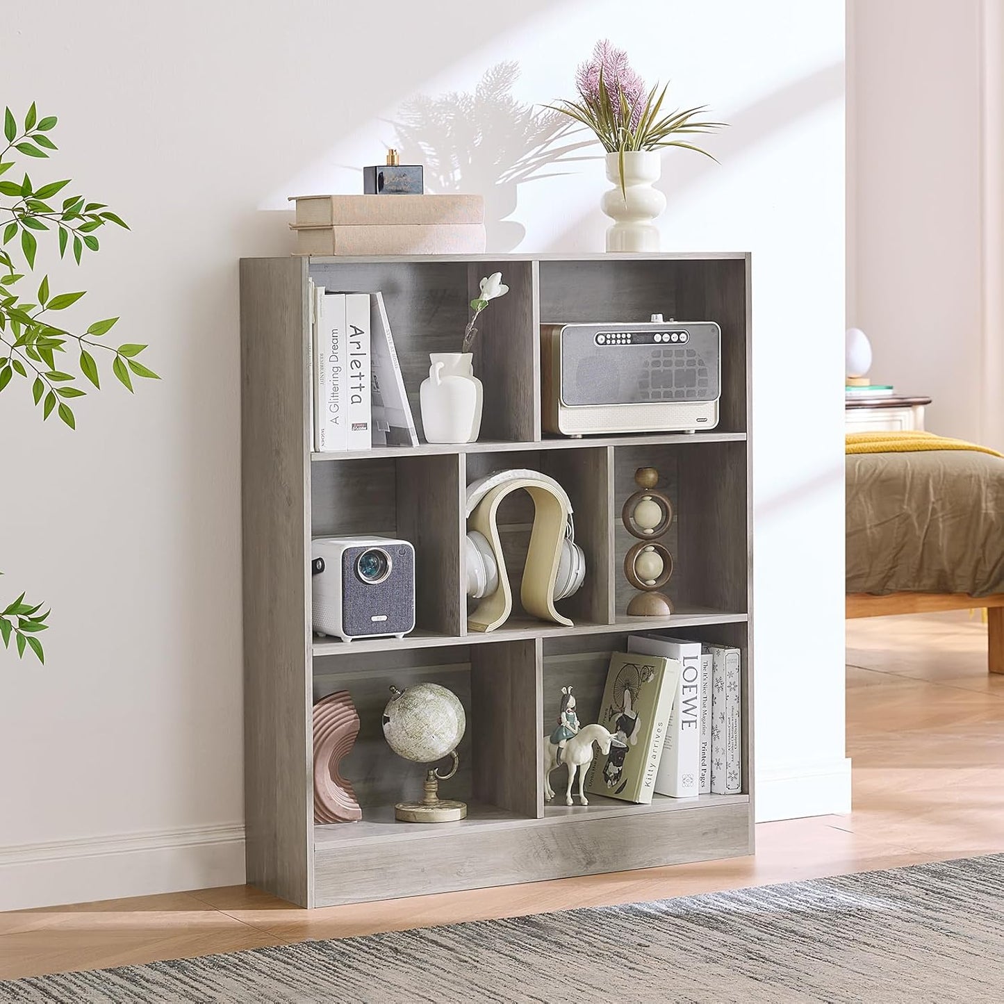 LEYAOYAO 7 Cube Bookshelf with Base,3 Tier Mid-Century Modern Grey Bookcase,Standing Wide Bookshelves Storage Organizer Shelf,Rustic Wood Display Cabinet Book Shelves for Bedroom,Living Room,Office