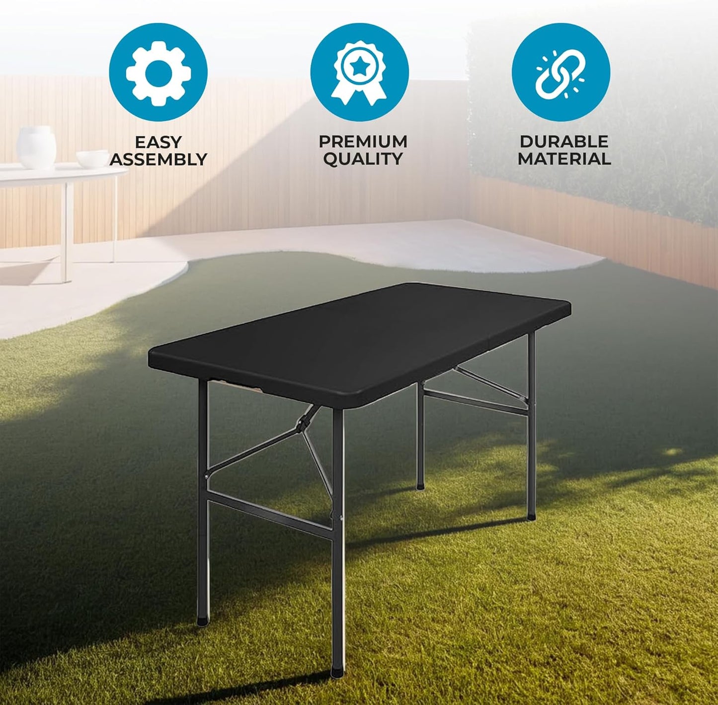 Simpli-Magic 4ft Portable Plastic Folding Table – 17% Thicker Than Others – Indoor & Outdoor Heavy-Duty Foldable Utility Table w/Handle for Party & Camping (Black)