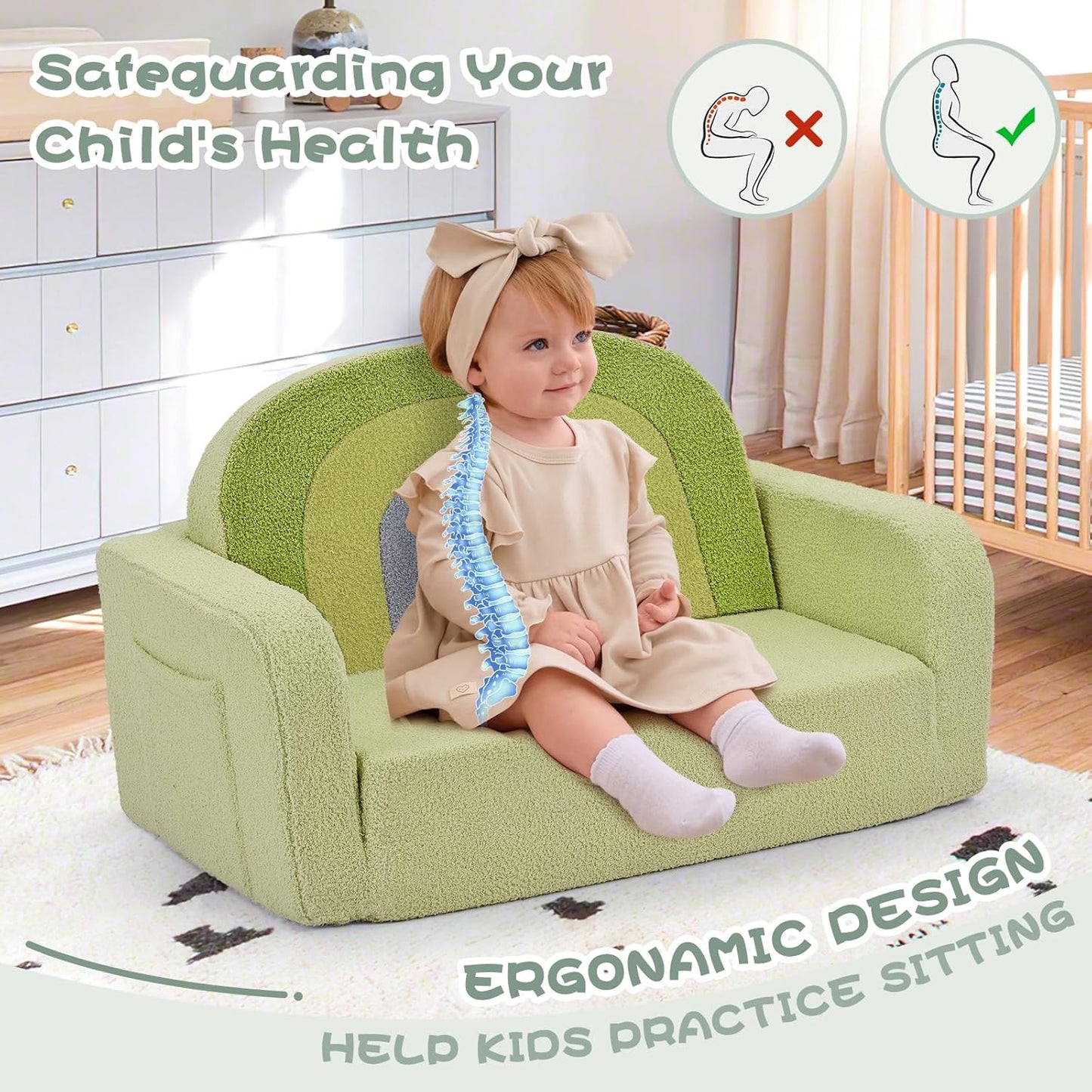 Extra Wide Kids Couch, 2-in-1 Soft Toddler Couch with Blanket, Comfy Toddler Chair, Convertible Sofa to Lounger with Cute Colorful Rainbow Design, Green