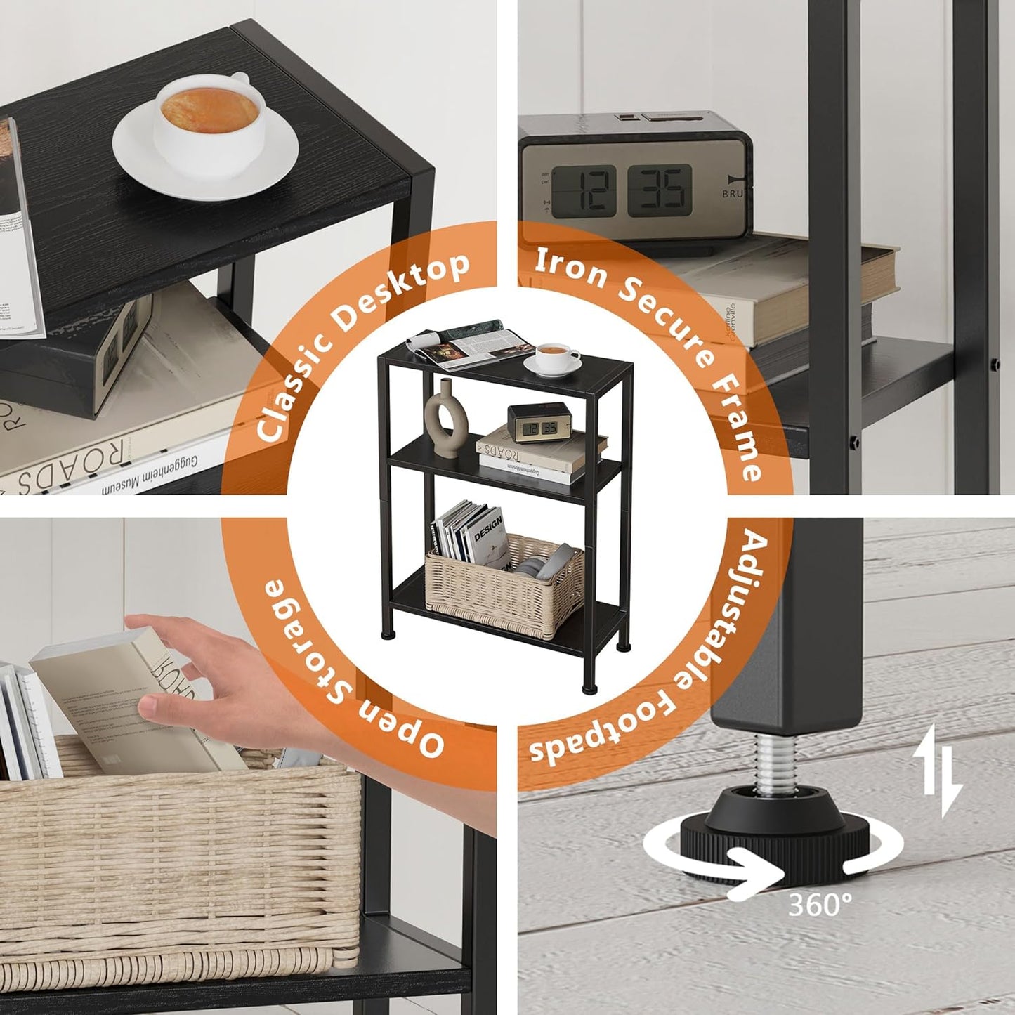 3-Tier Side Table, Small EndTable, Sofa SideTable for Narrow Spaces, Slim EndTable, NightstandTable, Skinny Bedside Table, for Living Room, Bedroom, Office, Black