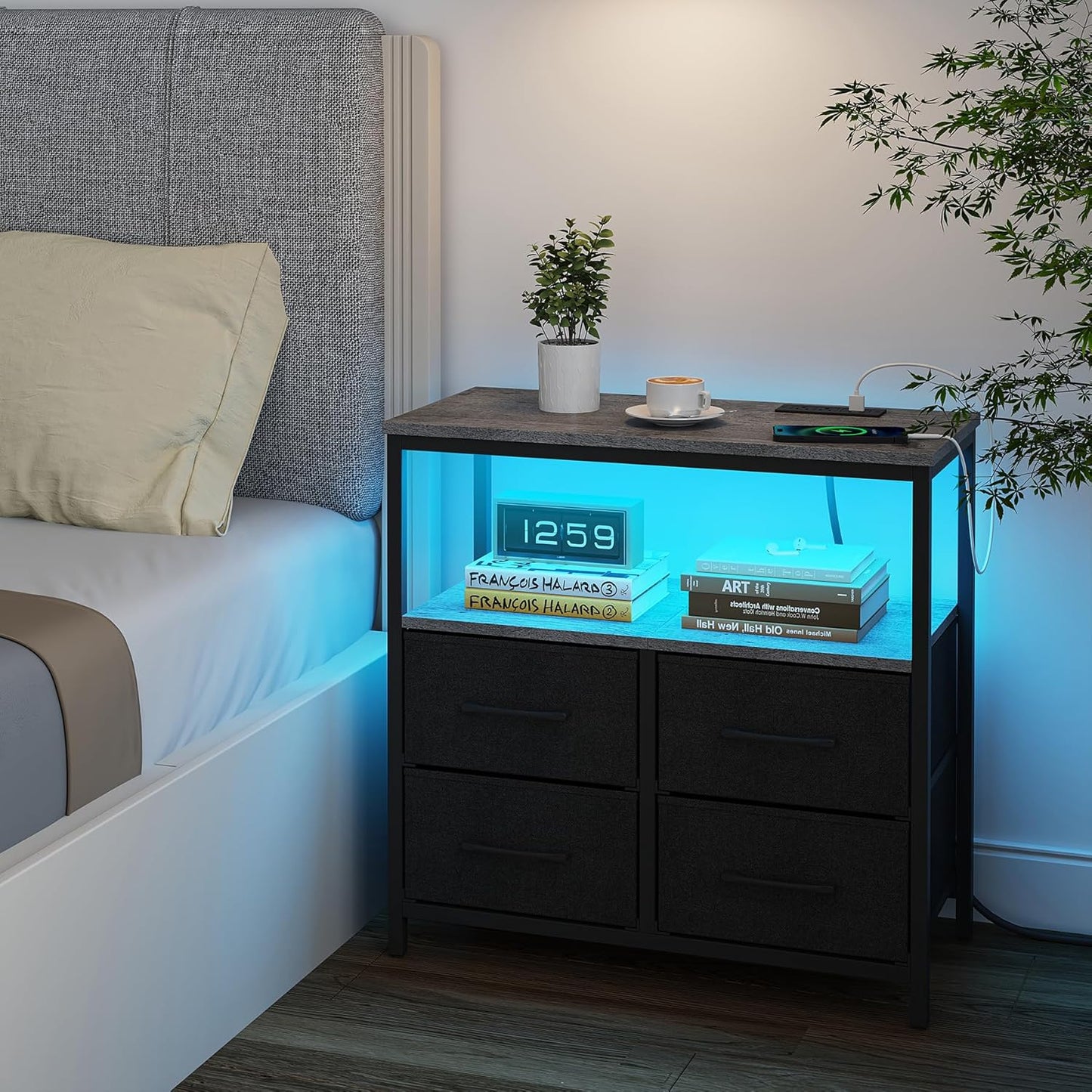 TUTOTAK LED Night Stand with Charging Station, Large Nightstand with USB and Type-C Port, Bedside Table with Cloth Drawers, End Table for Livingroom, Bedroom, Charcoal Grey TB01BY081L