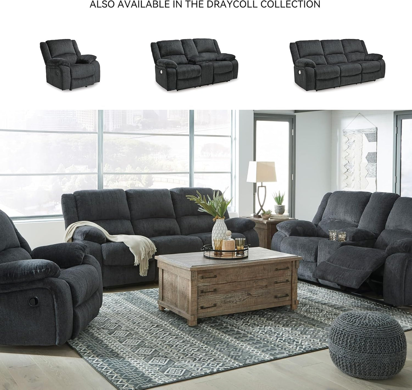 Signature Design by Ashley Draycoll Contemporary Manual Pull Tab Reclining Sofa, Dark Gray