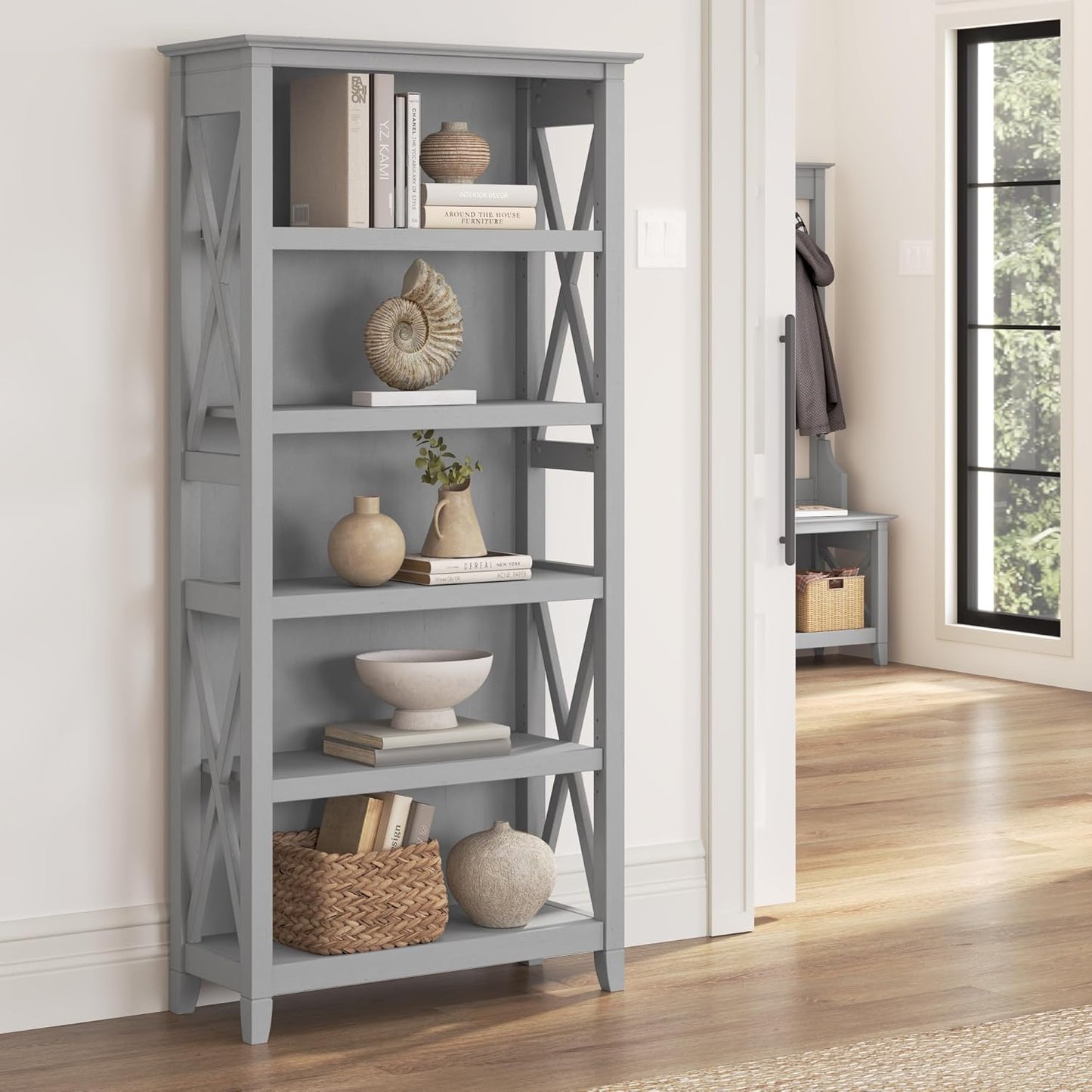 Bush Furniture Tall 5 Shelf Bookcase for Living Room or Home Office, Large Bookshelf, Modern Farmhouse Style, Key West Collection, Cape Cod Gray