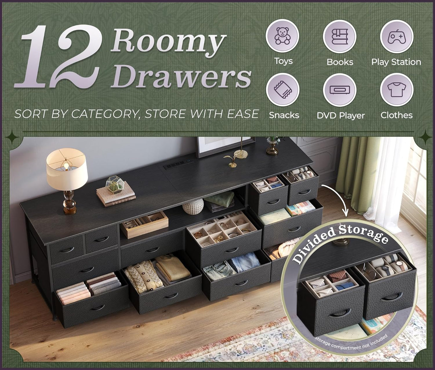 Huuger 63 Inch Dresser TV Stand with LED Lights, Power Outlets and USB-C Port, 12 Fabric Drawer Dresser for Bedroom, Wide Entertainment Center for 65, 70 Inch TV, Open Shelf, Black