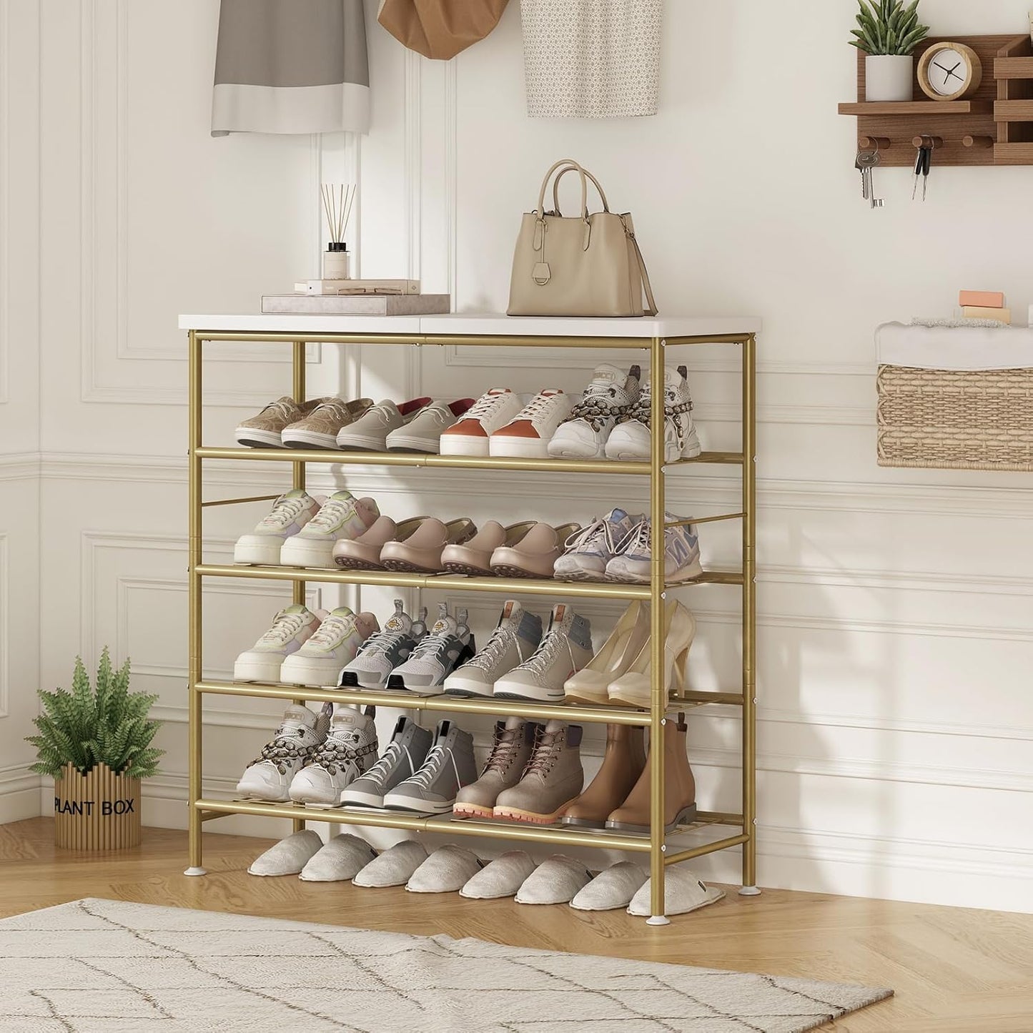 Shoe Rack Organizer 5 Tier for Closet Entryway Free Standing Metal Storage Shoe Shelf with MDF Top Board,Gold