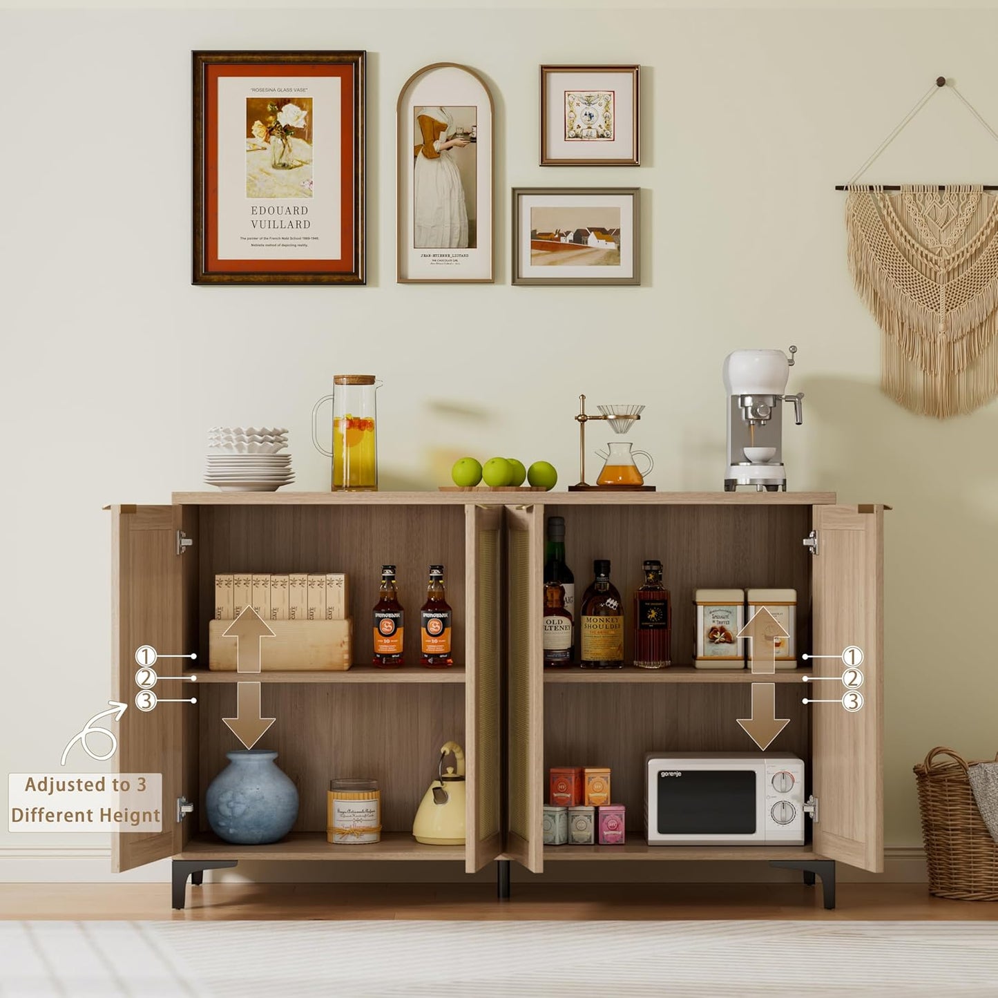 Sideboard - Buffet Cabinet with Storage, Rattan Storage with 4 Doors and Adjustable Shelves, Accent with Metal Feet, Sideboard Cabinet for Living Room (Natural)