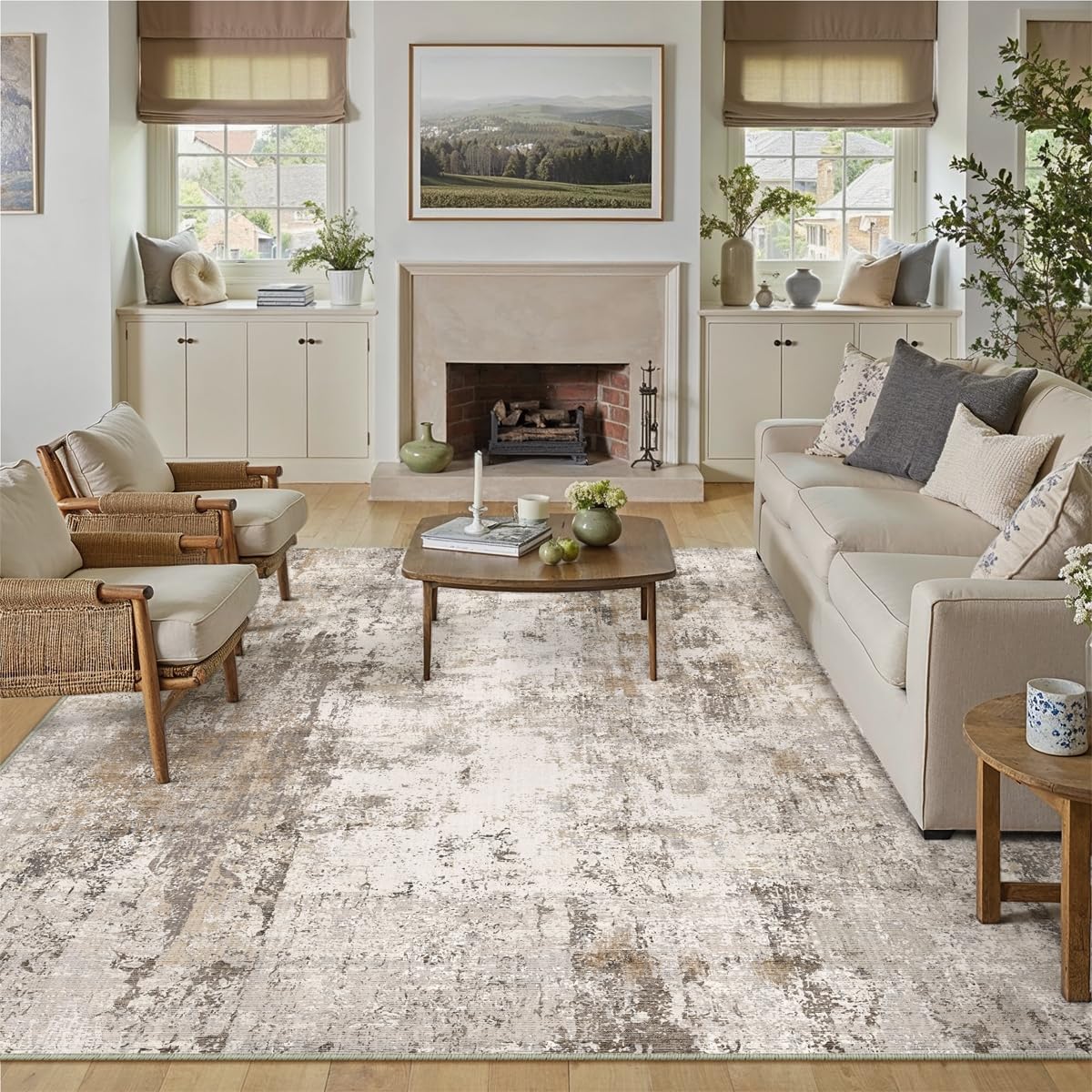 10x12 Washable Area Rug Brown Grey Abstract Neutral Living Room Bedroom Large Throw Rug Non Slip Soft Distressed Low Pile Indoor Floor Carpet for Kitchen Office Entryway