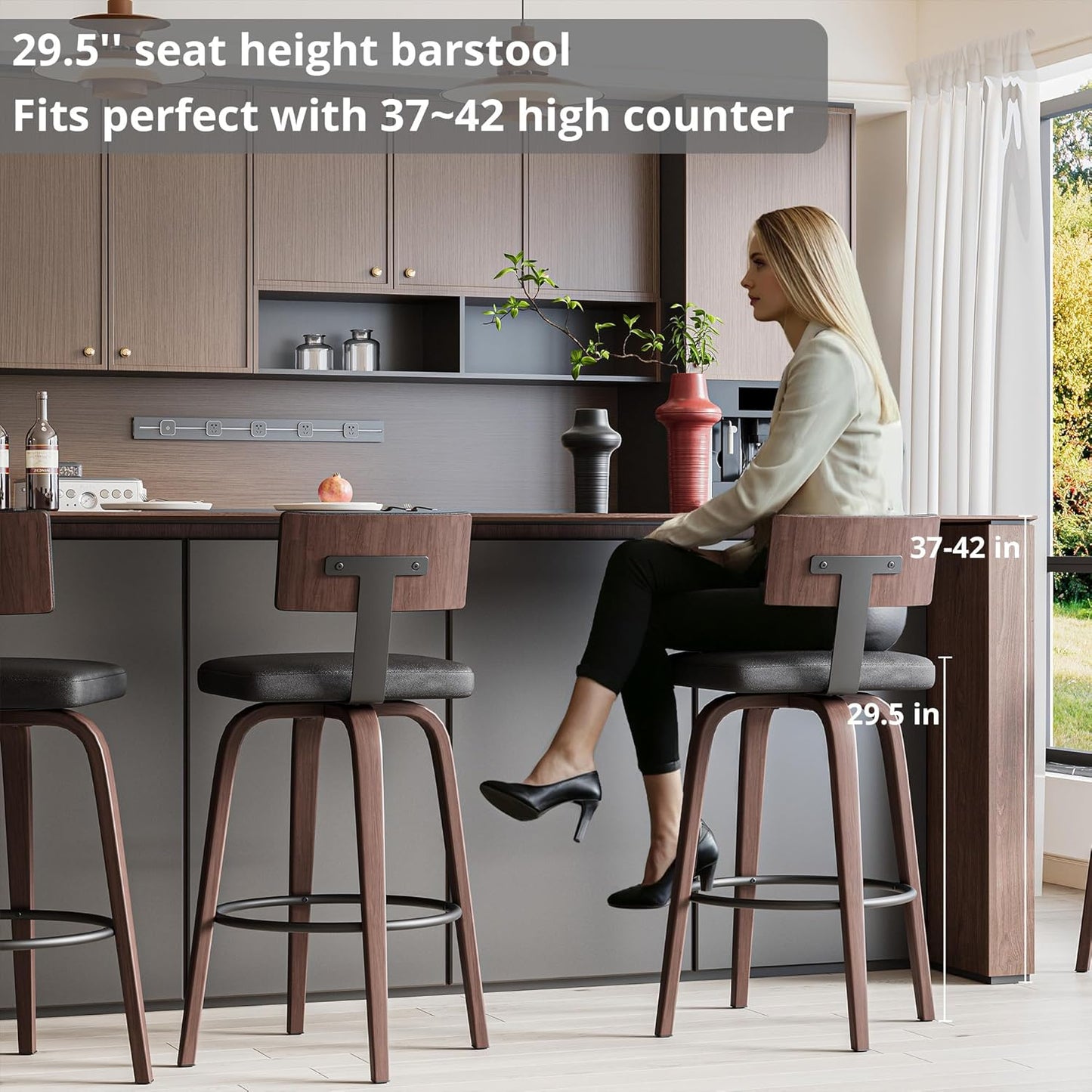 IRONCK Counter Height Bar Stools Set of 2, 29'' Faux Leather Upholstered Barstools with Back, Footrest, Wood Texture Bent Legs, Mid-Century Modern 360° Swivel Bar Stools for Kitchen Island, Black
