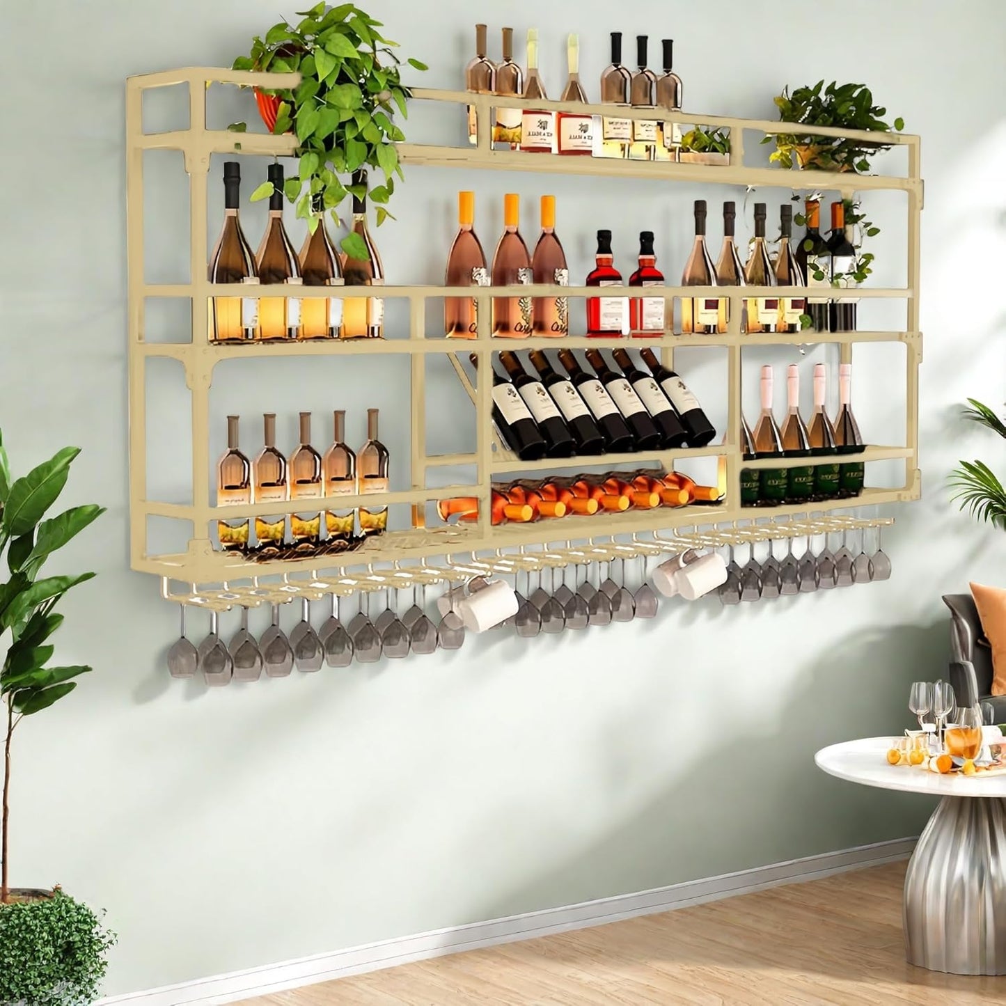 Metal Wall-Mounted Wine Rack with LED Light - 3 Tier Wine Storage Display Rack with Glass Holder - Space-Saving Bottle Display Shelf for Home Bars, Dining Rooms(Gold, 39in/100cm)