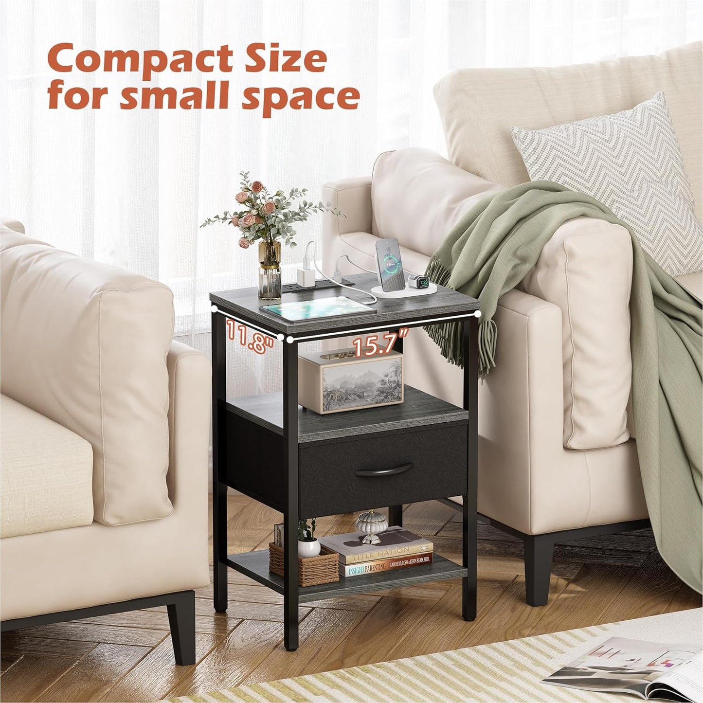 SUPERJARE Nightstand Set of 2, Bed Side Tables with Charging Station, Adjustable Fabric Drawer, Night Stand for Bedroom, 3-Tier Storage End Tables, for Living Room - Charcoal Gray