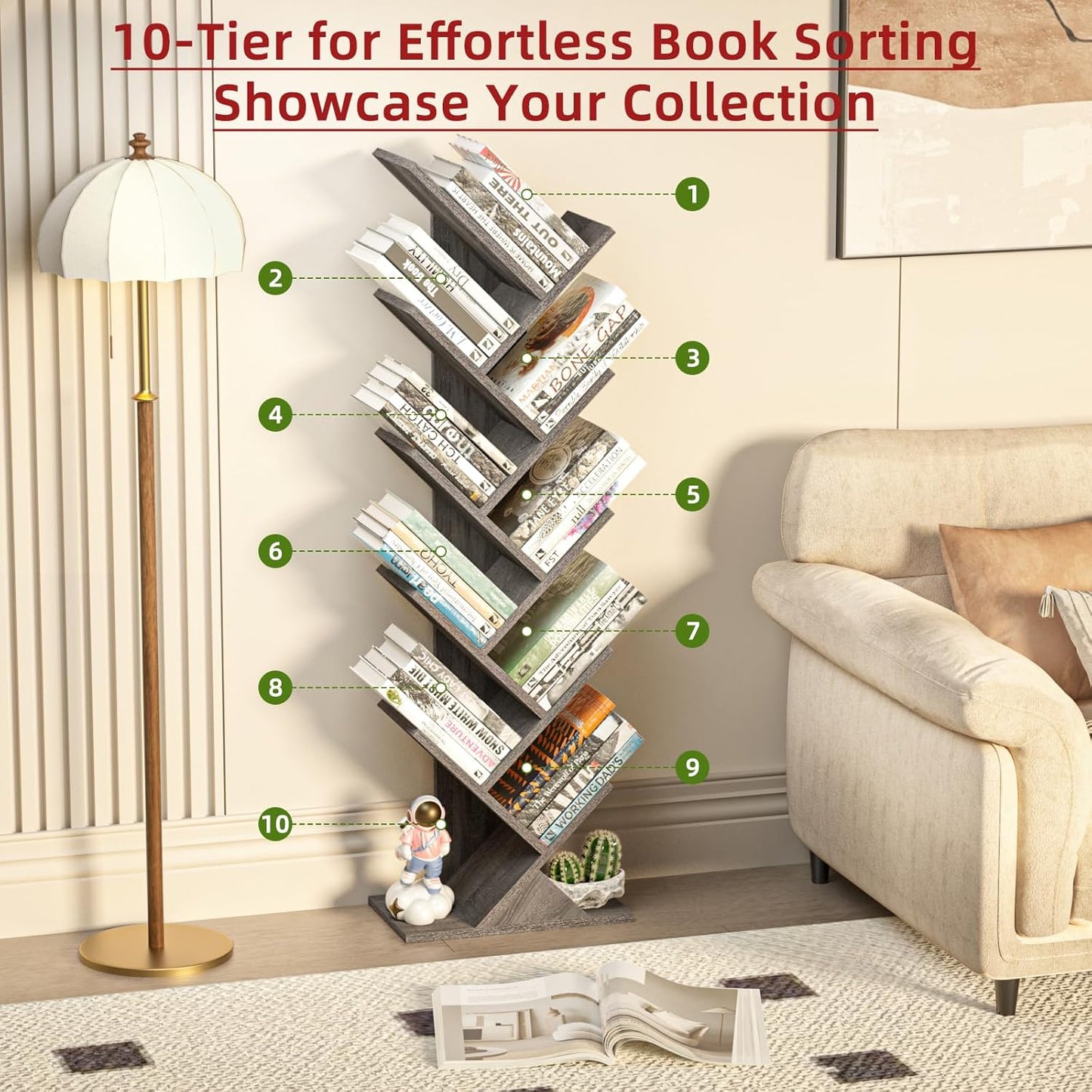 10 Tier Tree Book Shelf, Floor Standing Wood Bookshelf for Narrow Space, Storage Organizer Bookshelves for Books/CDs/Magazine, Bookcase with Shelves for Home Office, Living Room - Light Grey