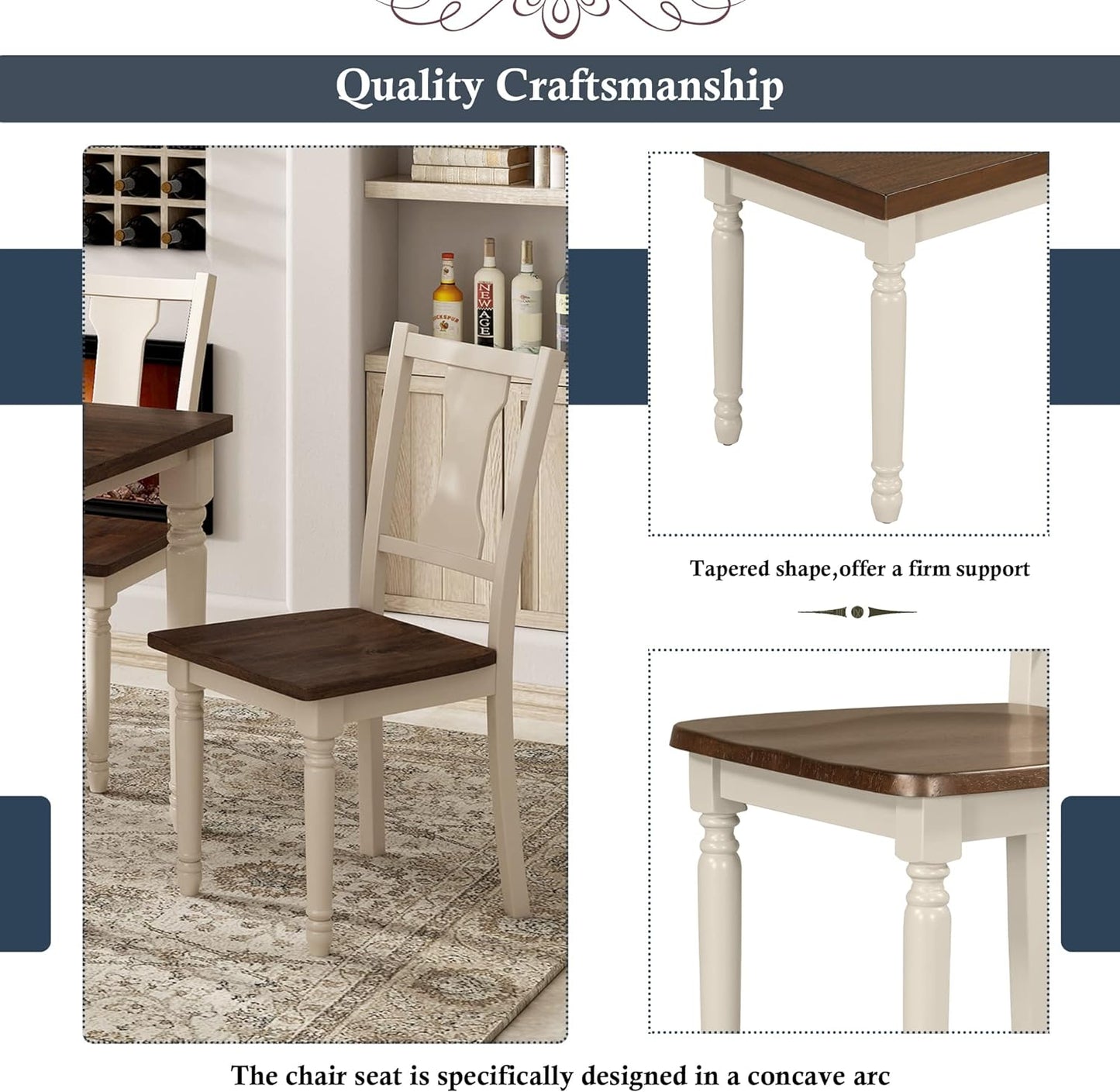 6 Pieces Dining Table Set with 60" Rectangle Kitchen Desk,Living Room Furniture W/ 4 Concave Arc Chairs & 1 Bench,for Restaurant,Home Bistro,Brown+Cottage White