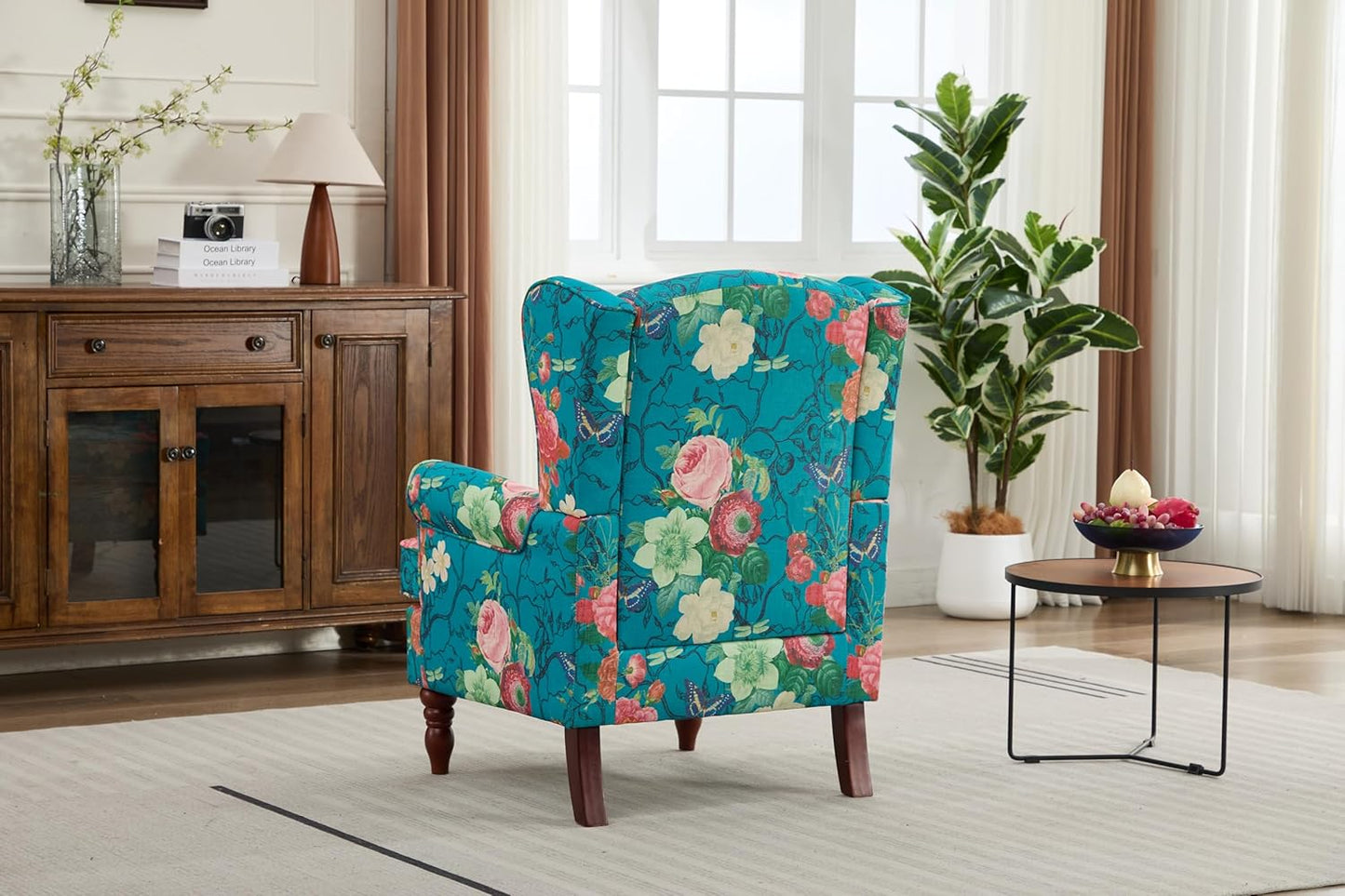 Ball & Cast Modern Accent Chair,Comfy Upholstered Armchair with Retro Wood Legs,Floral Design Single Sofa Chair,Living Room Furniture for Apartment,Bedroom,Office,Linen Fabric,Floral Cyan