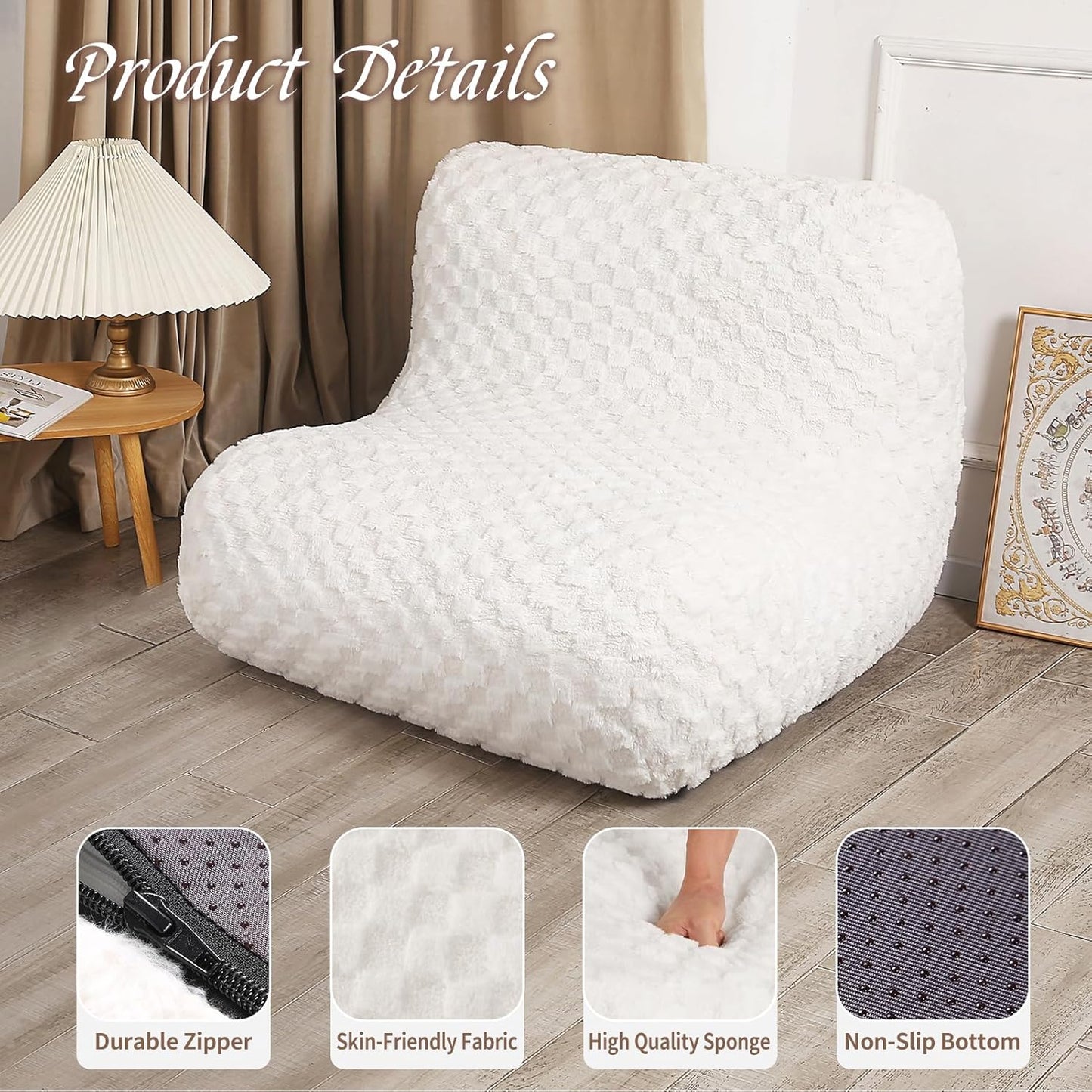Bean Bag Chairs for Adults, Comfy Floor Sofa with Memory Foam, Giant Bean Bag Couch for Living Room Bedroom Dorm Office, Cream