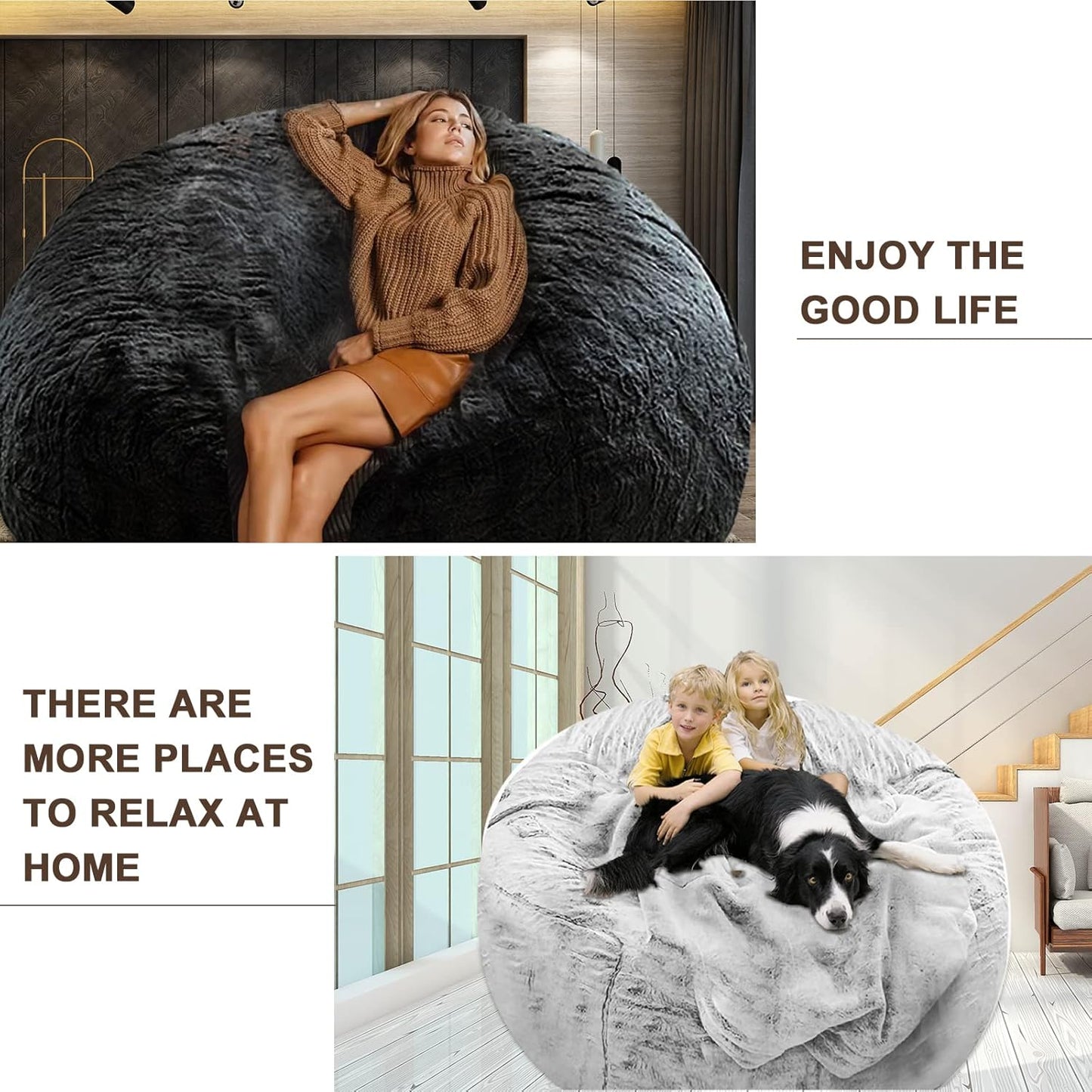 (No Filler) Bean Bag Chair Cover Without Filler,Big Round Soft Fluffy PV Velvet Washable Bean Bag Lazy Sofa Bed Cover for Adults,Living Room Bedroom Furniture Outside,5ft Snow Grey