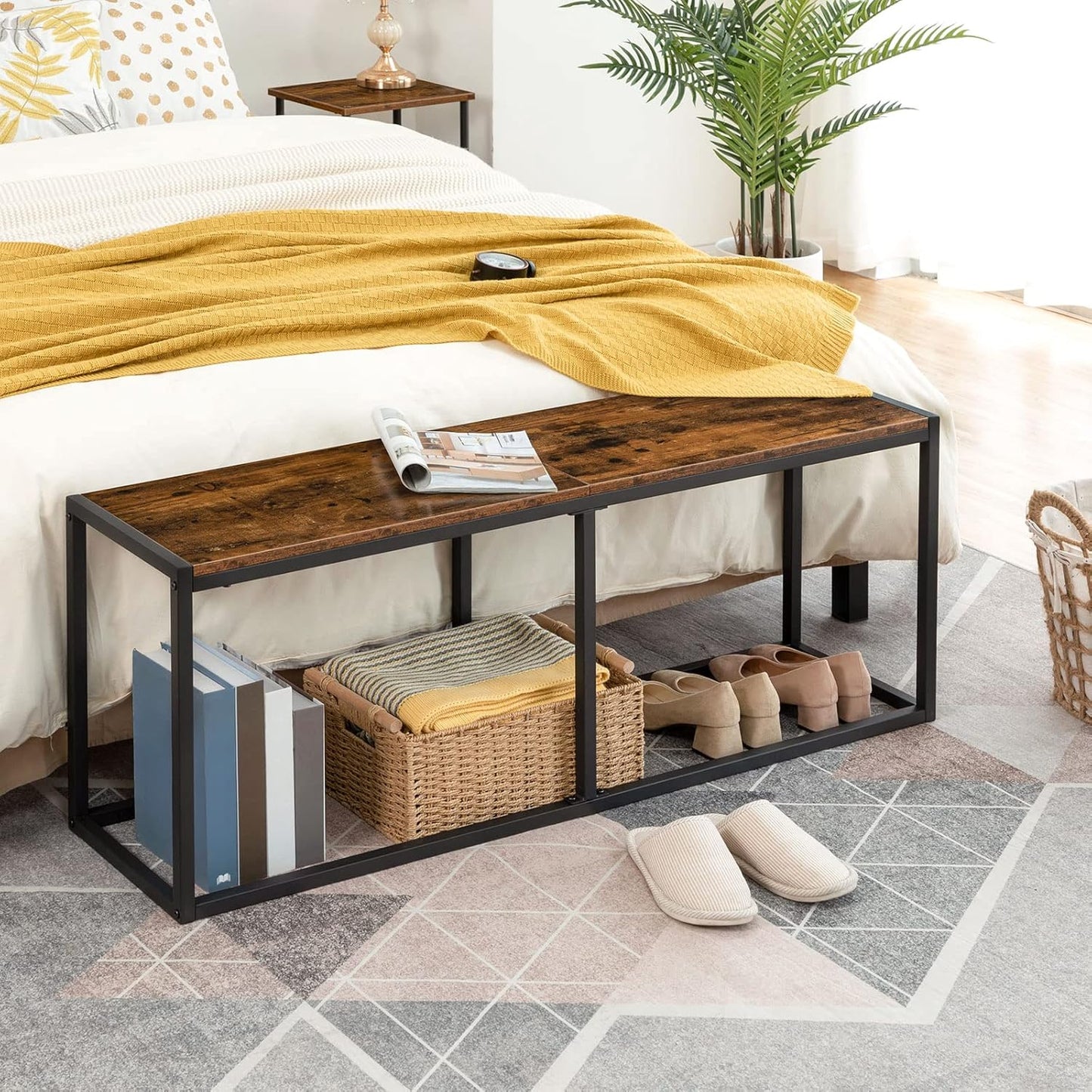 HOOBRO Dining Bench, 47.2 Inch Dining Table Bench, Industrial Style Kitchen Bench, Steel Frame, Easy to Assemble, for Kitchen, Dining Room, Rustic Brown and Black BF12CD01