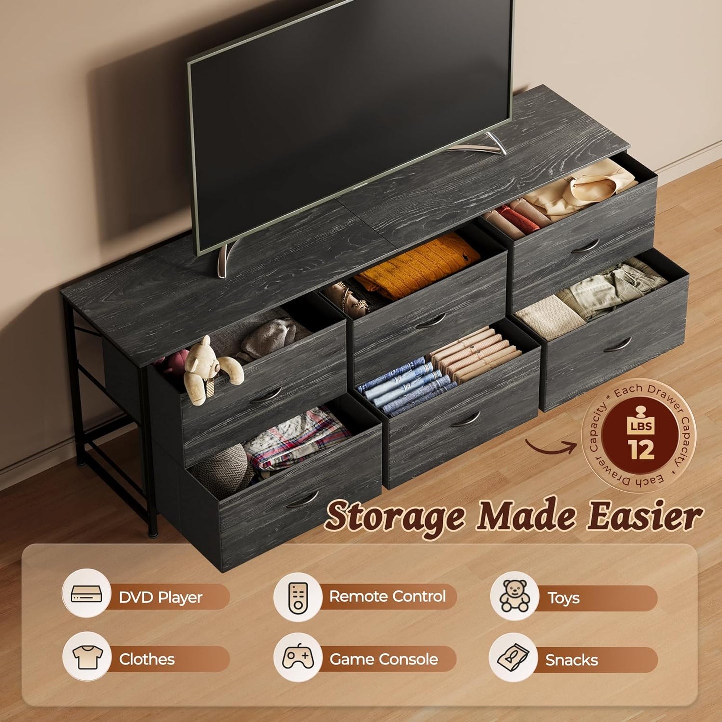 Huuger 63 Inch Long Dresser for Bedroom, TV Stand for 55, 65, 70 Inch TV, 6 Drawer Dresser for Closet with Fabric Drawers, Storage Organizer for Bedroom, Entryway, Charcoal Black Wood Grain Print