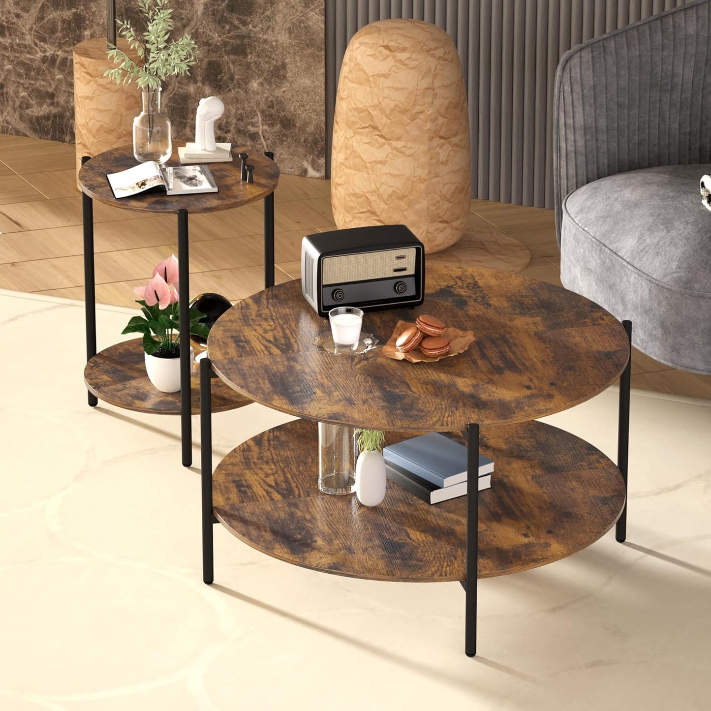 Round Side Table, 2-Tier Circle End Tables with Storage Wood Rustic 15.75" Small End Tables Farmhouse Side Table for Living Room Bedroom Balcony Small Spaces - Walnut