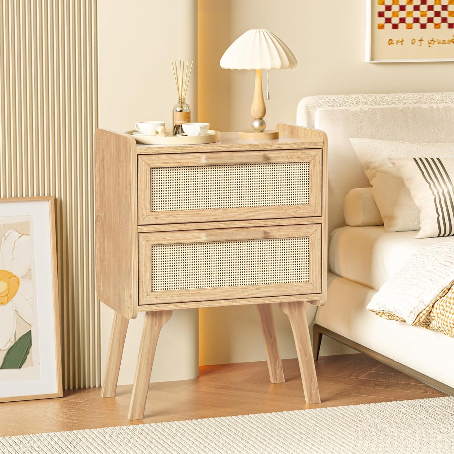 Lerliuo Rattan Nightstand, Boho Night Stand with 2 Drawers, Cane Accent Side End Table, Bedside Table with Solid Wood Legs for Bedroom, Dorm and Small Spaces (Natural)