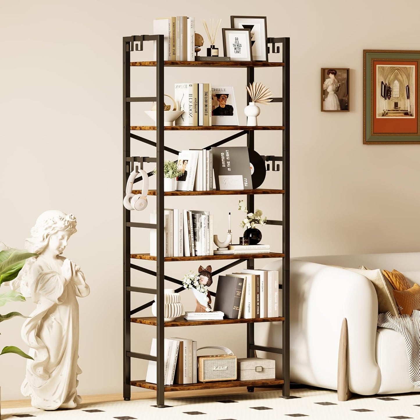 6 Tier Bookshelf, Industrial Bookcase with 8 Hooks, Vintage Storage Rack with Open Shelves, Rustic Standing Bookshelves Metal Frame Display Rack for Living Room, Bedroom, Rustic Brown