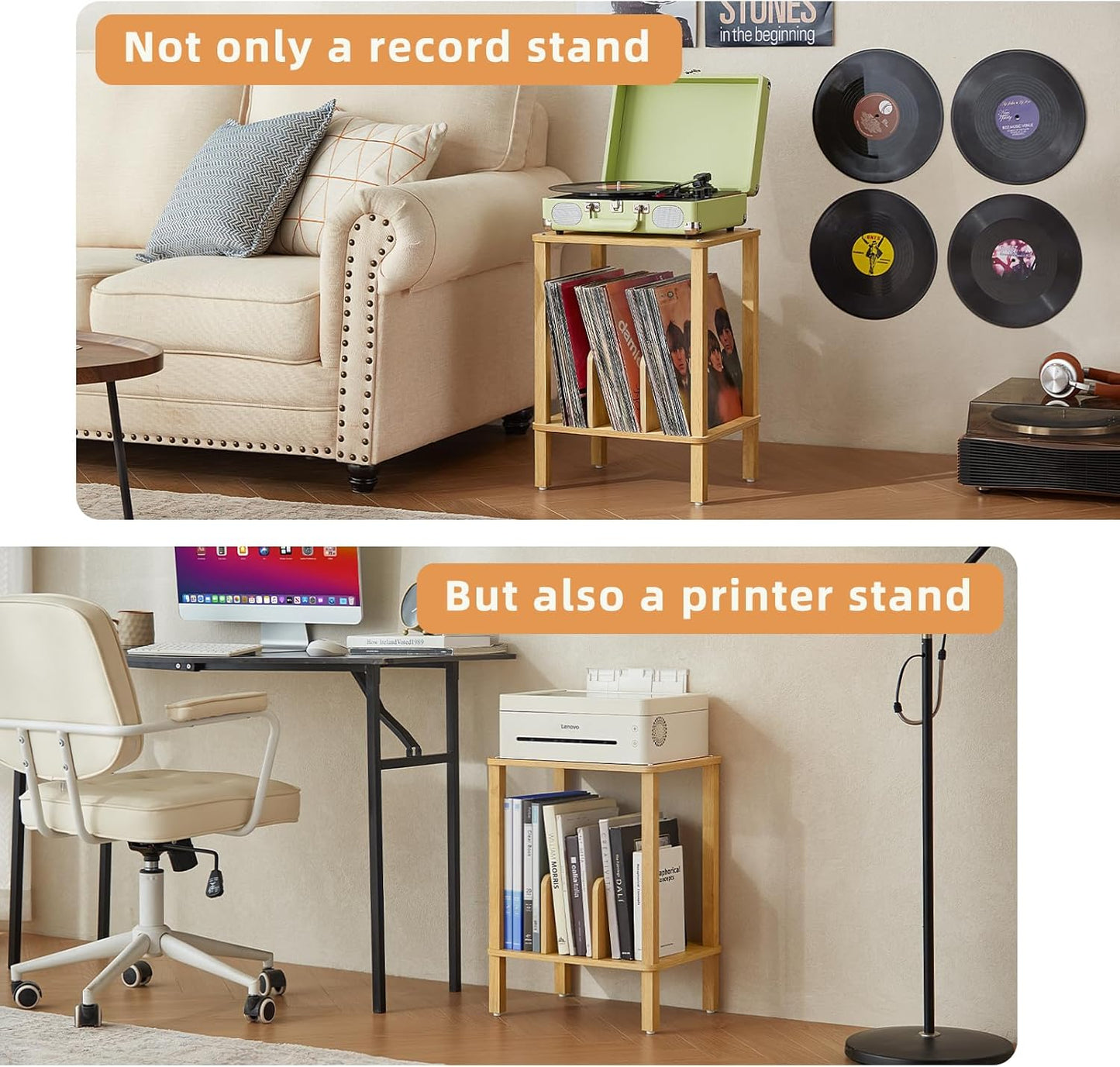 LELELINKY 2-Tier Bamboo Record Player Stand with Vinyl Record Storage up to 100 Albums, Boho Bedroom Record Holder and Multi-Functional End Table for Living Room, Natural