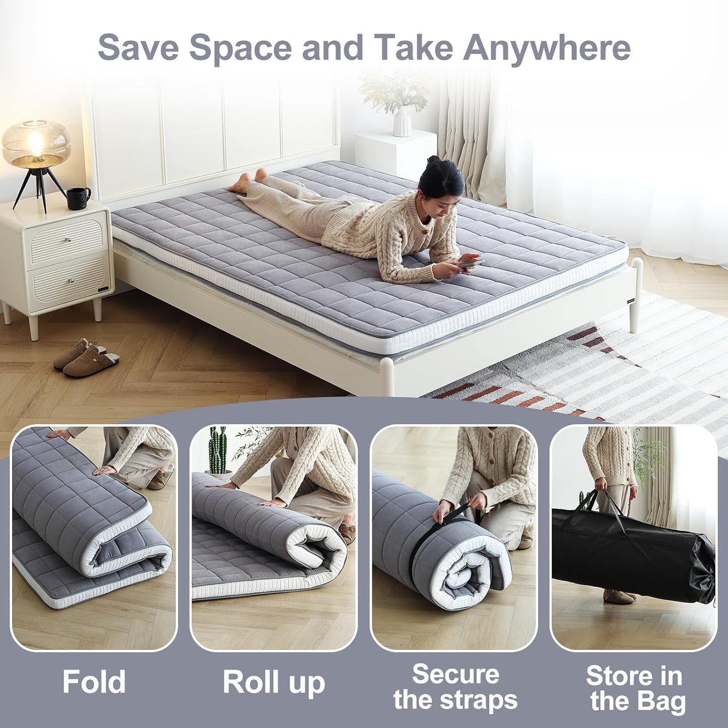 Tiita Japanese Floor Mattress Futon Mattress 4” Thick Folding Roll Up Sleeping Pad with Bag & Strap, Bed Topper Mat for Guest, Lounger and Tavel, Gray,Full Size