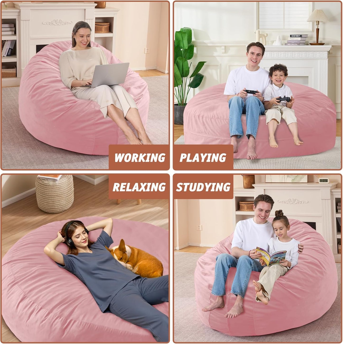 7FT Bean Bag Chair with Ultra Soft Velvet Cover Bean Bag Sofa with Memory Foam Bean Bag Chairs with Large Size Lazy Sofa for Dorm Office Living Room Bedroom Light Pink 7'