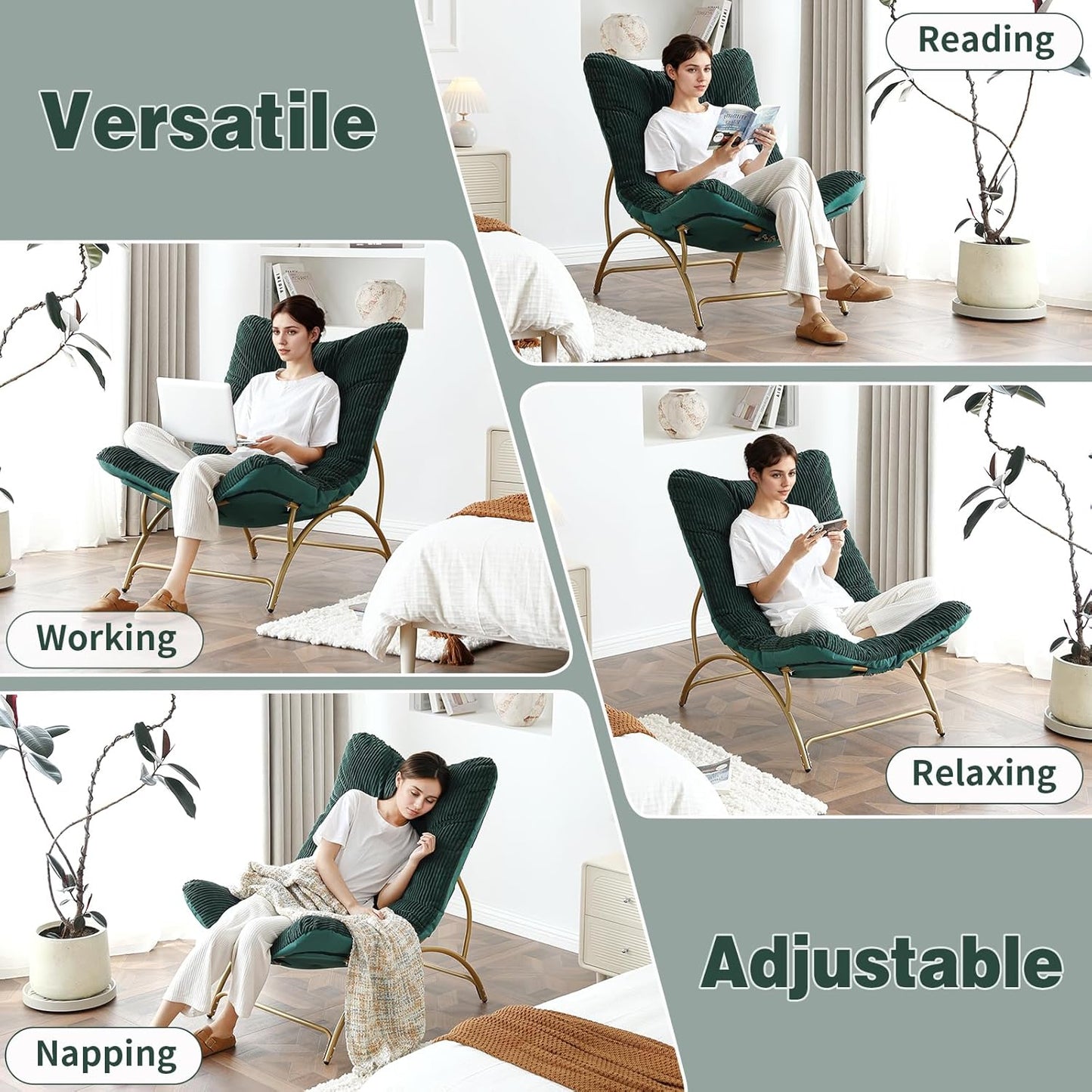 Welnow Accent Lounge Lazy Chair, Comfy Soft Leisure Metal Frame Reading Chair, Upholstered Thick Cushion Seated Recliner Sofa for Living Room, Bedroom, Dorm, Dark Green